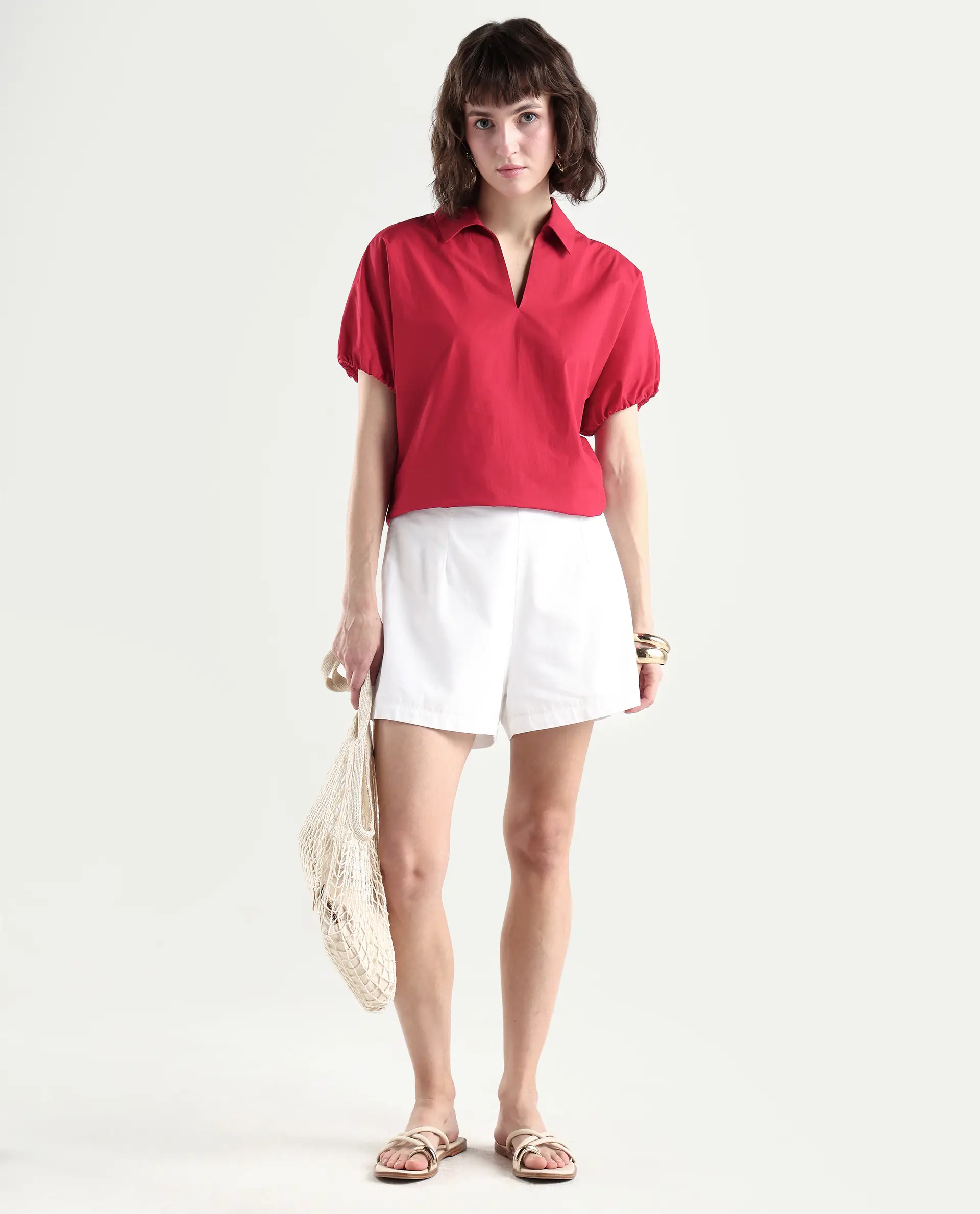 Rareism Women's Valet Red Cotton Half Sleeve Regular Fit Plain Top - Image 2