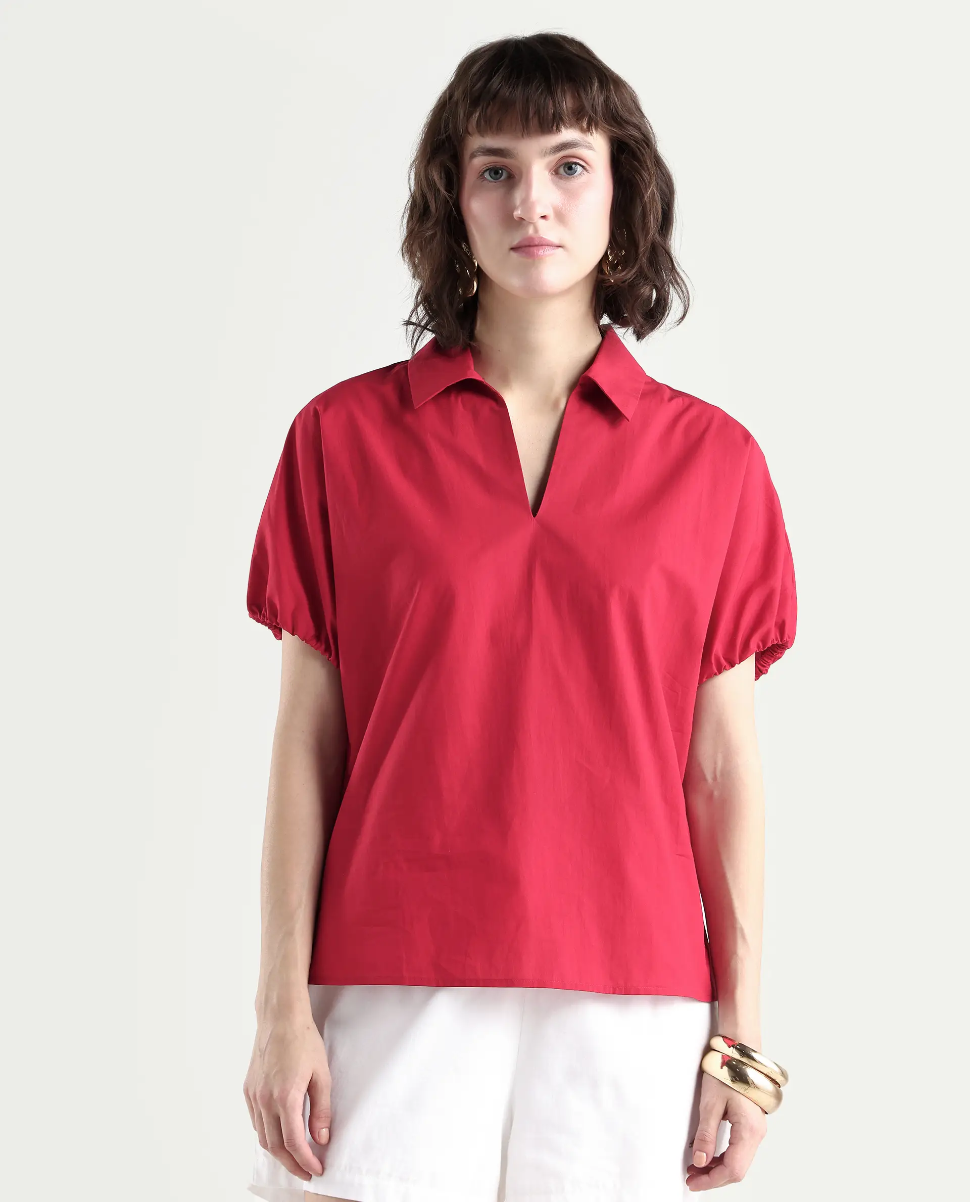 Rareism Women's Valet Red Cotton Half Sleeve Regular Fit Plain Top - Image 3