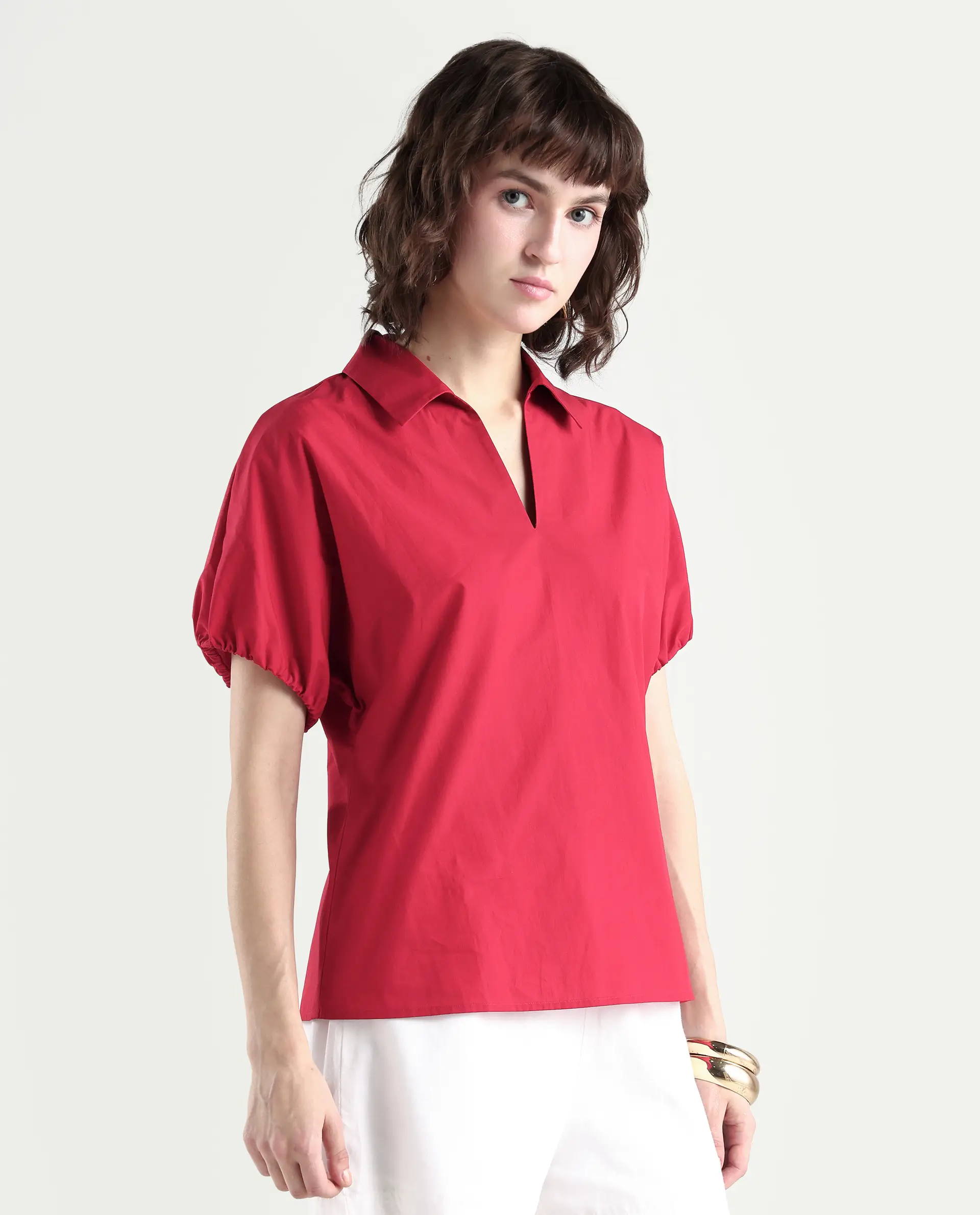 Rareism Women's Valet Red Cotton Half Sleeve Regular Fit Plain Top - Image 7