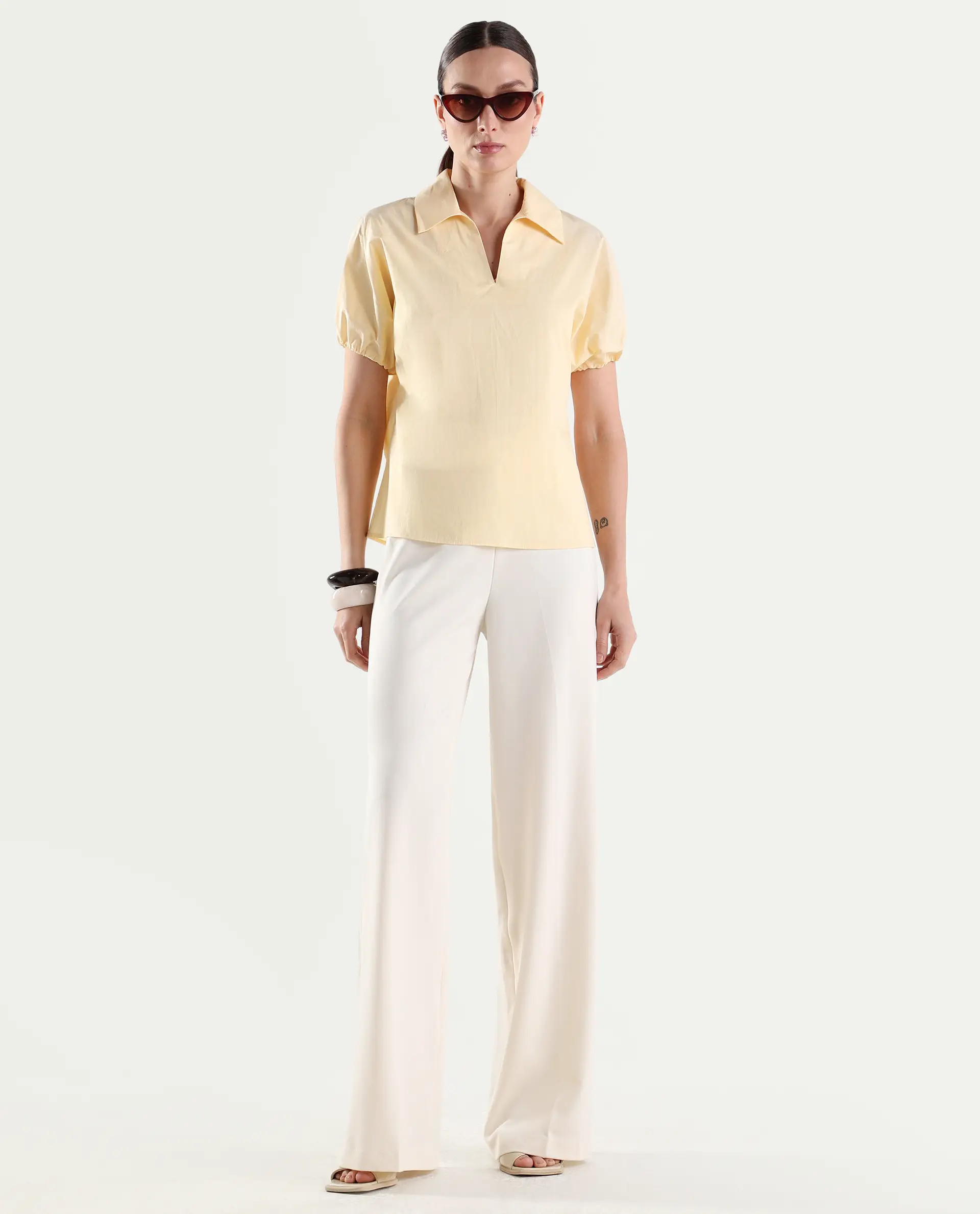 Rareism Women's Valet Yellow Cotton Half Sleeve Jonny Collar Regular Top - Image 2