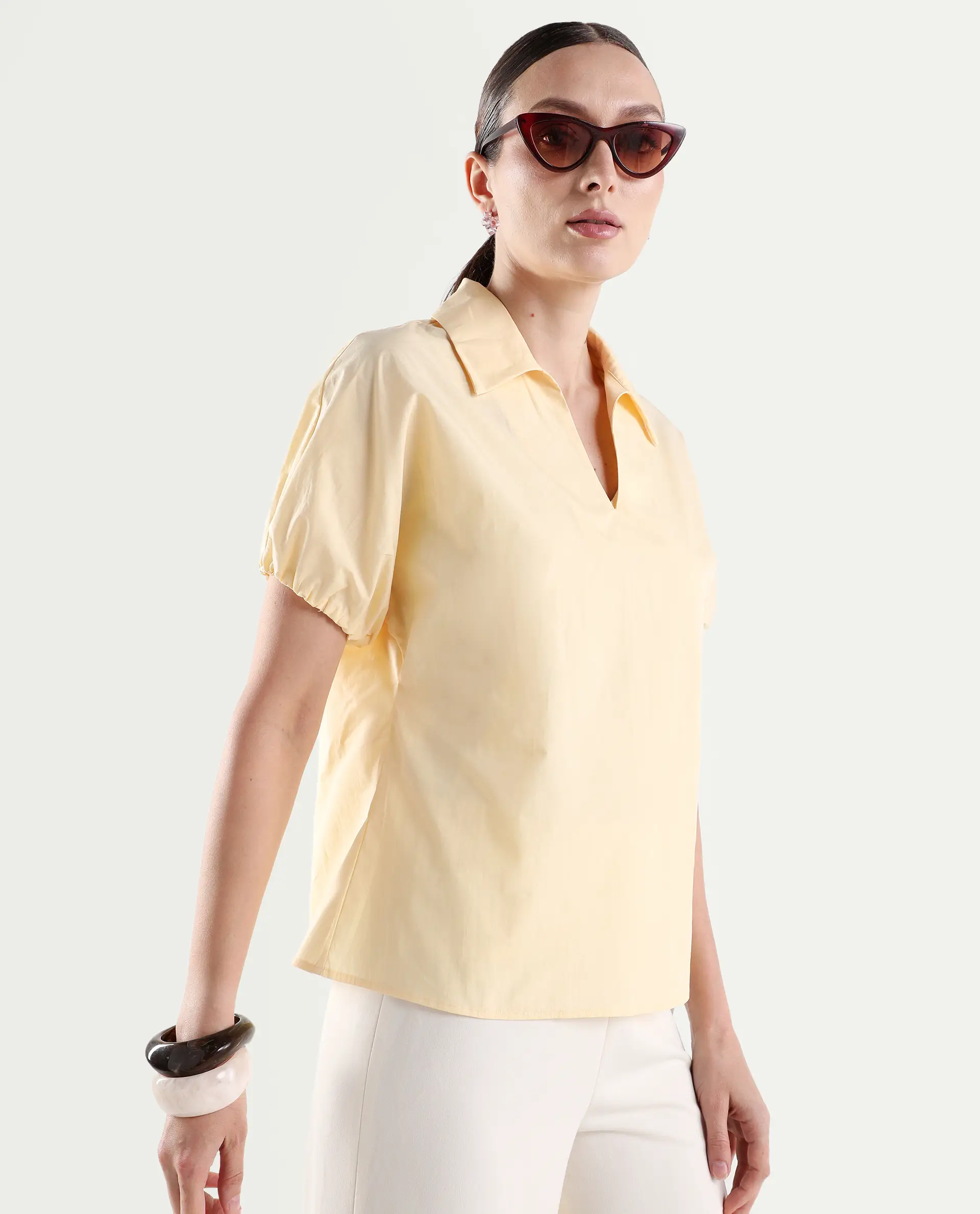 Rareism Women's Valet Yellow Cotton Half Sleeve Jonny Collar Regular Top - Image 3