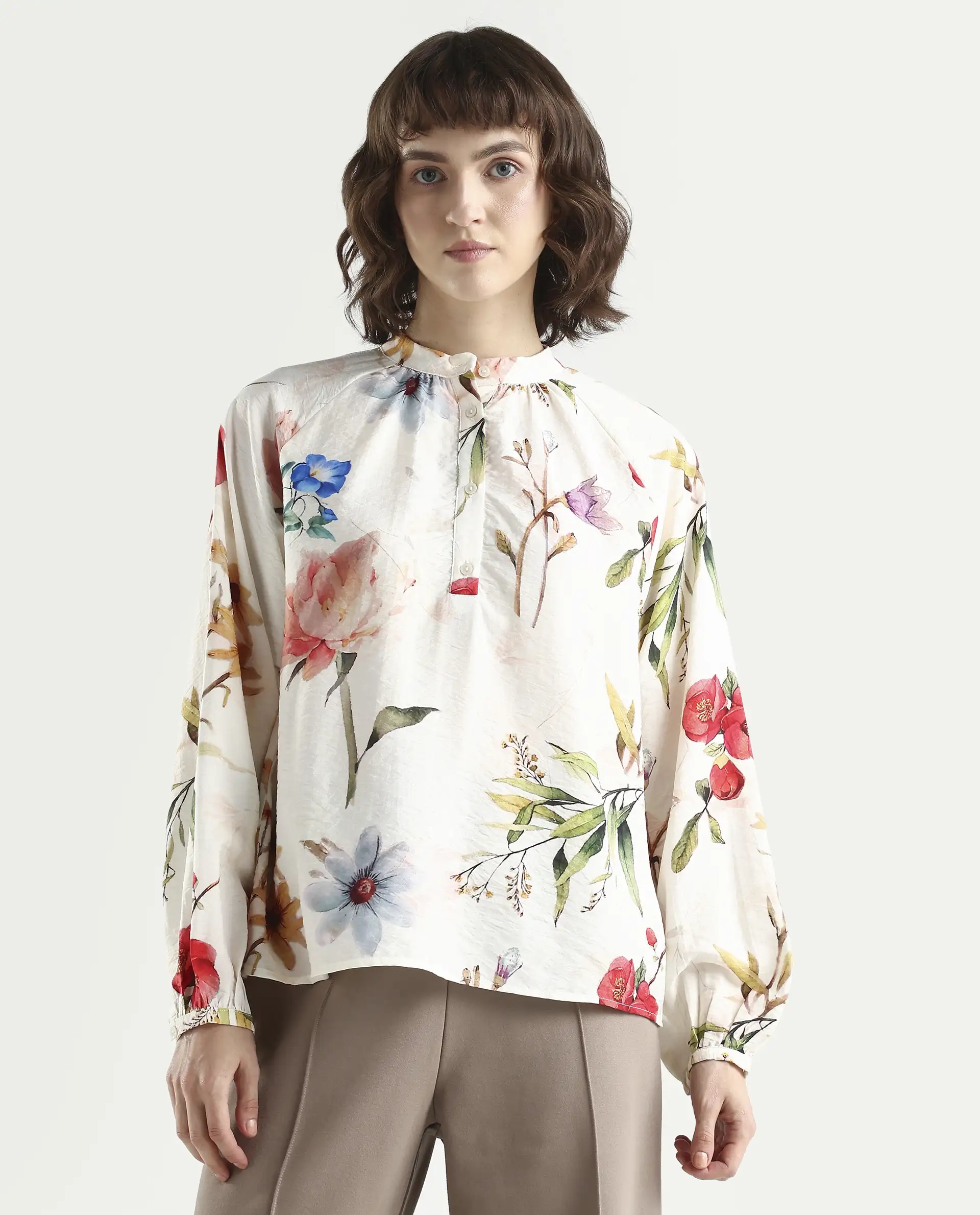 Rareism Women's Valia Off White Viscose Blend Full Sleeve Relaxed Fit Floral Print Top - Image 3