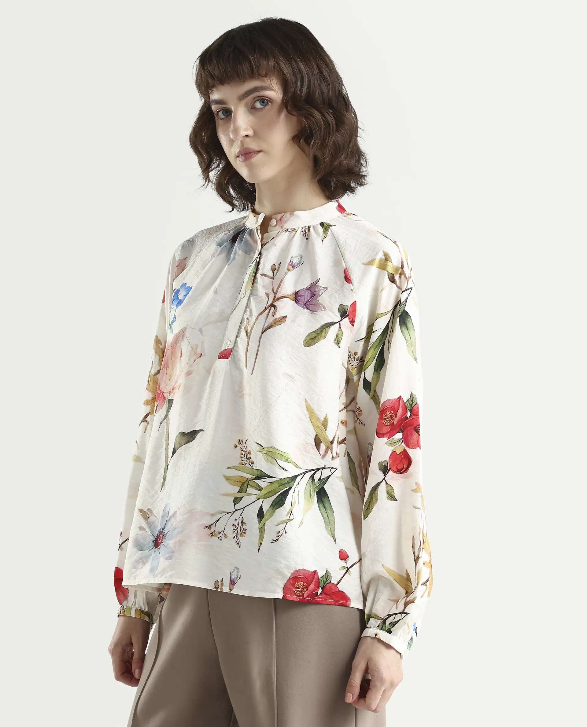Rareism Women's Valia Off White Viscose Blend Full Sleeve Relaxed Fit Floral Print Top - Image 5