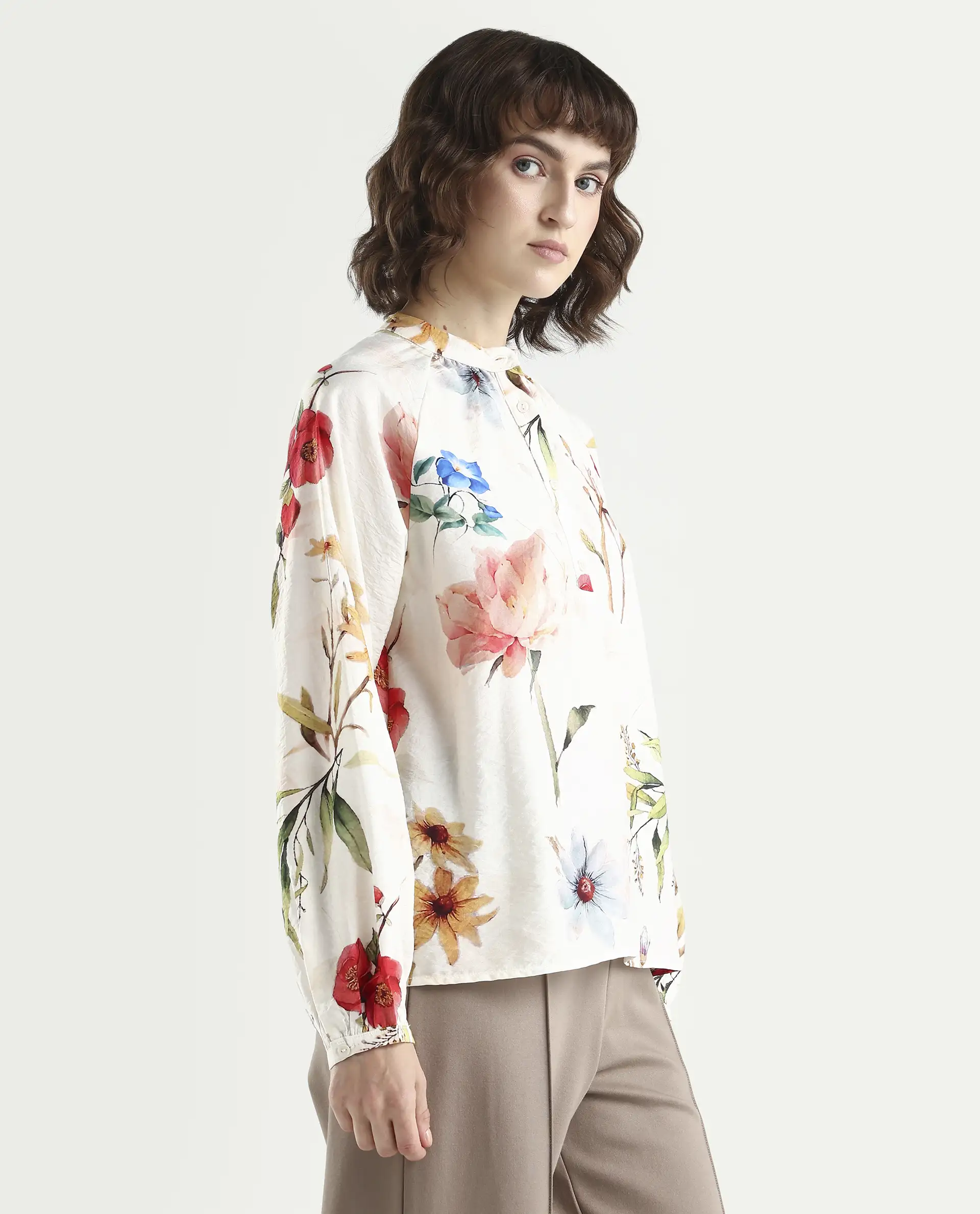 Rareism Women's Valia Off White Viscose Blend Full Sleeve Relaxed Fit Floral Print Top - Image 6
