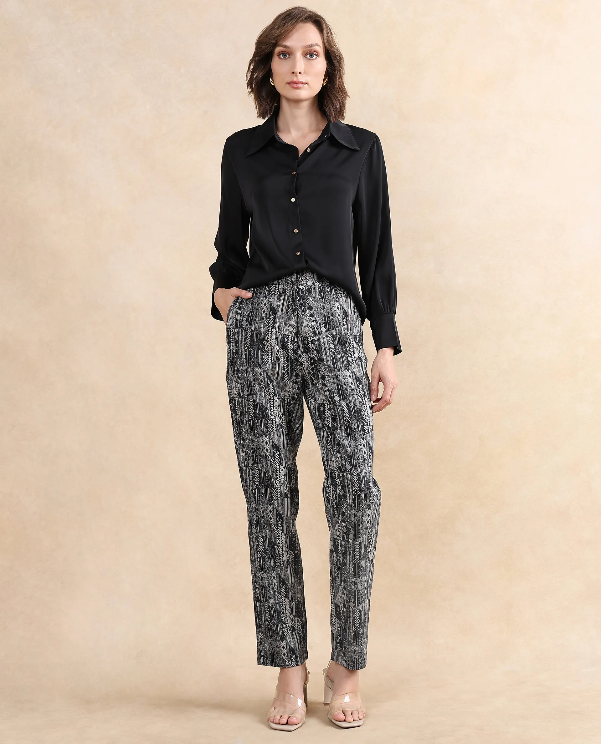 Rareism Women's Valie B Black Polyester Blend Jacquard Ankle Length Straight Fit Trouser