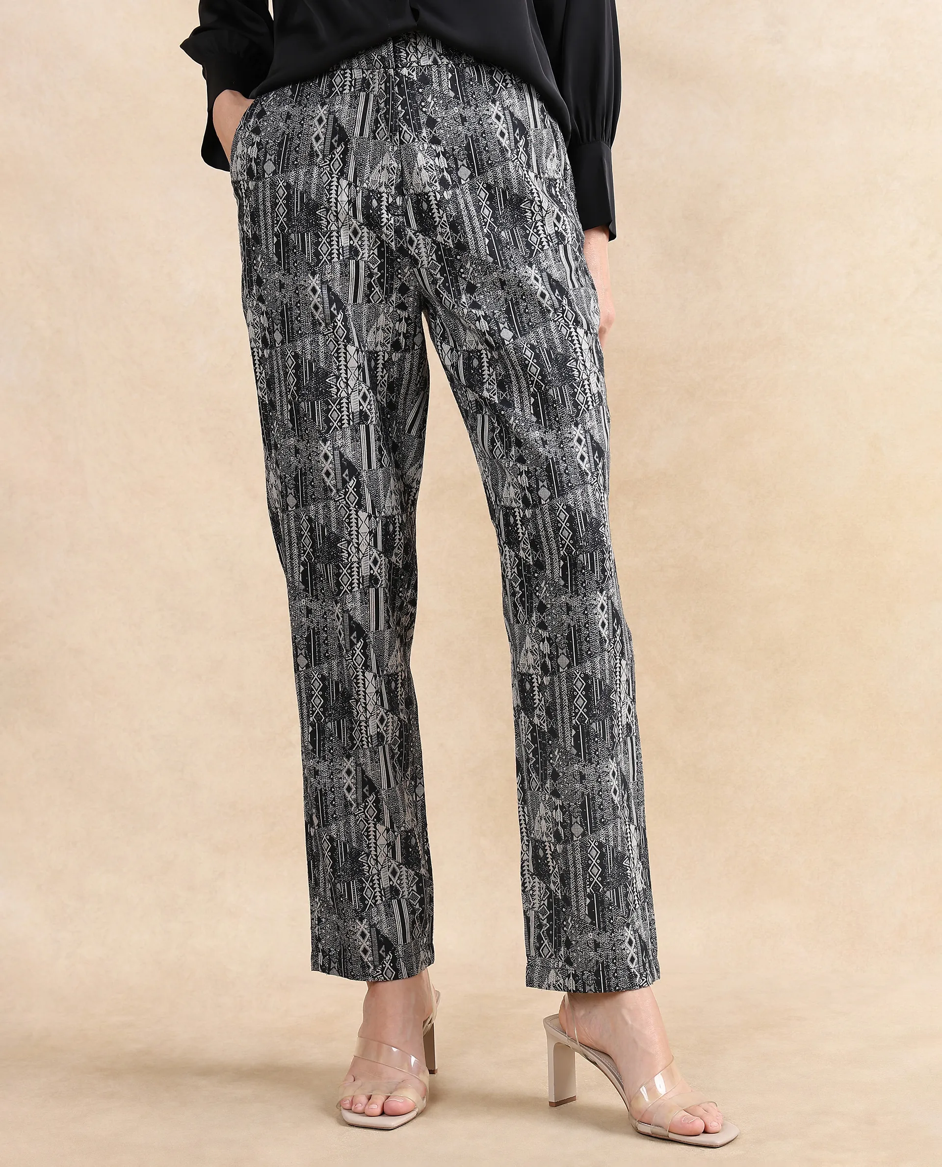 Rareism Women's Valie B Black Polyester Blend Jacquard Ankle Length Straight Fit Trouser - Image 2