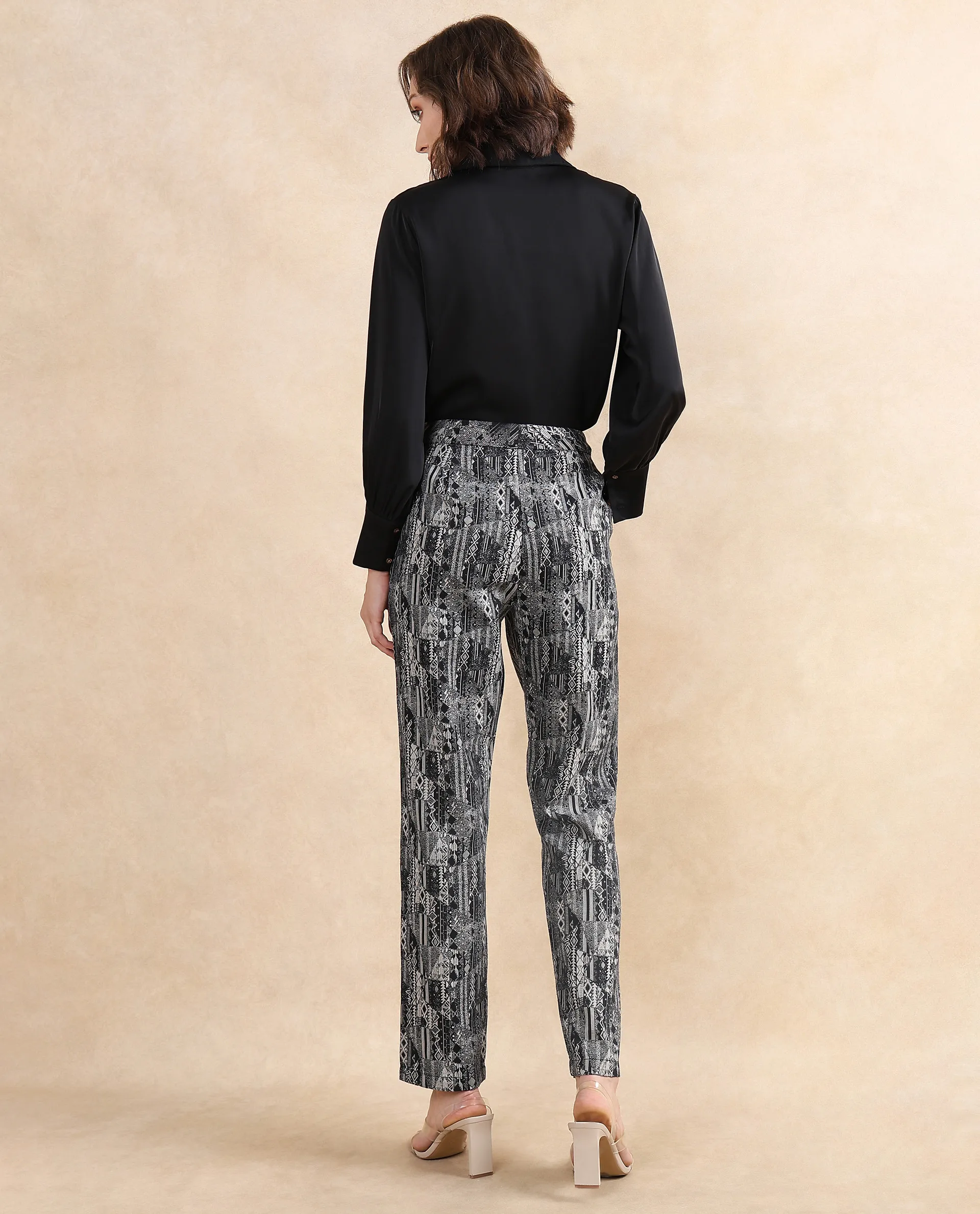 Rareism Women's Valie B Black Polyester Blend Jacquard Ankle Length Straight Fit Trouser - Image 6