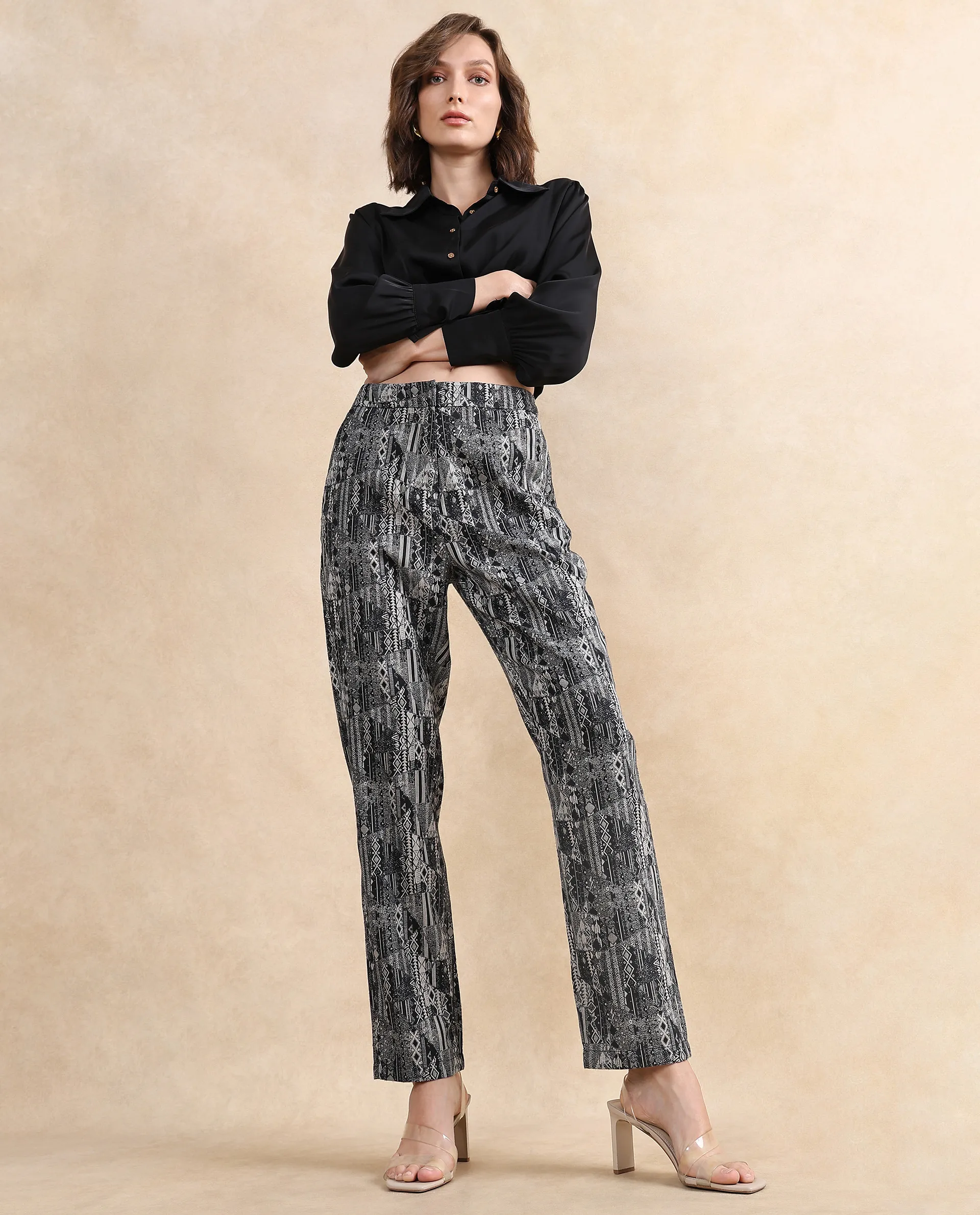 Rareism Women's Valie B Black Polyester Blend Jacquard Ankle Length Straight Fit Trouser - Image 7