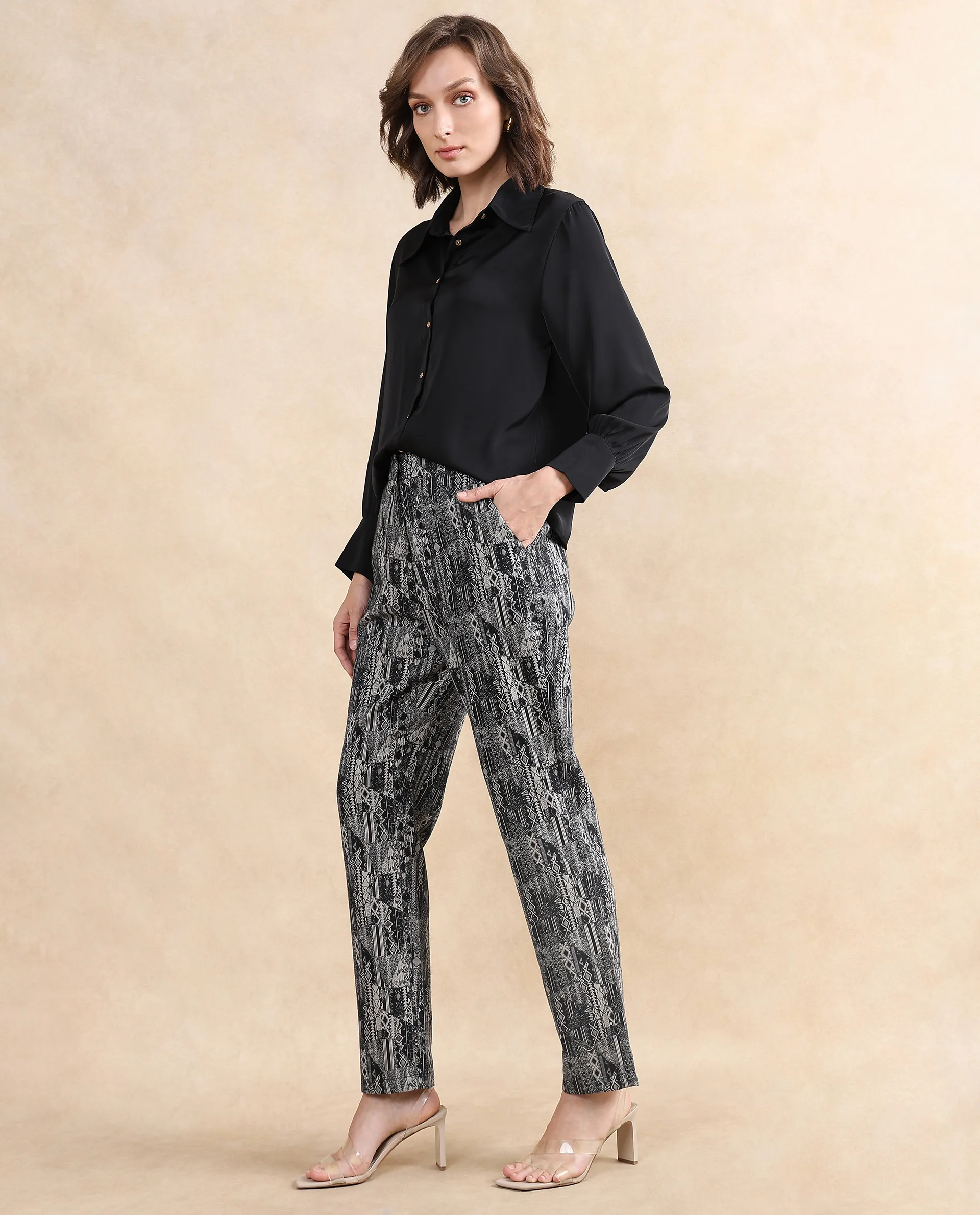 Rareism Women's Valie B Black Polyester Blend Jacquard Ankle Length Straight Fit Trouser - Image 8