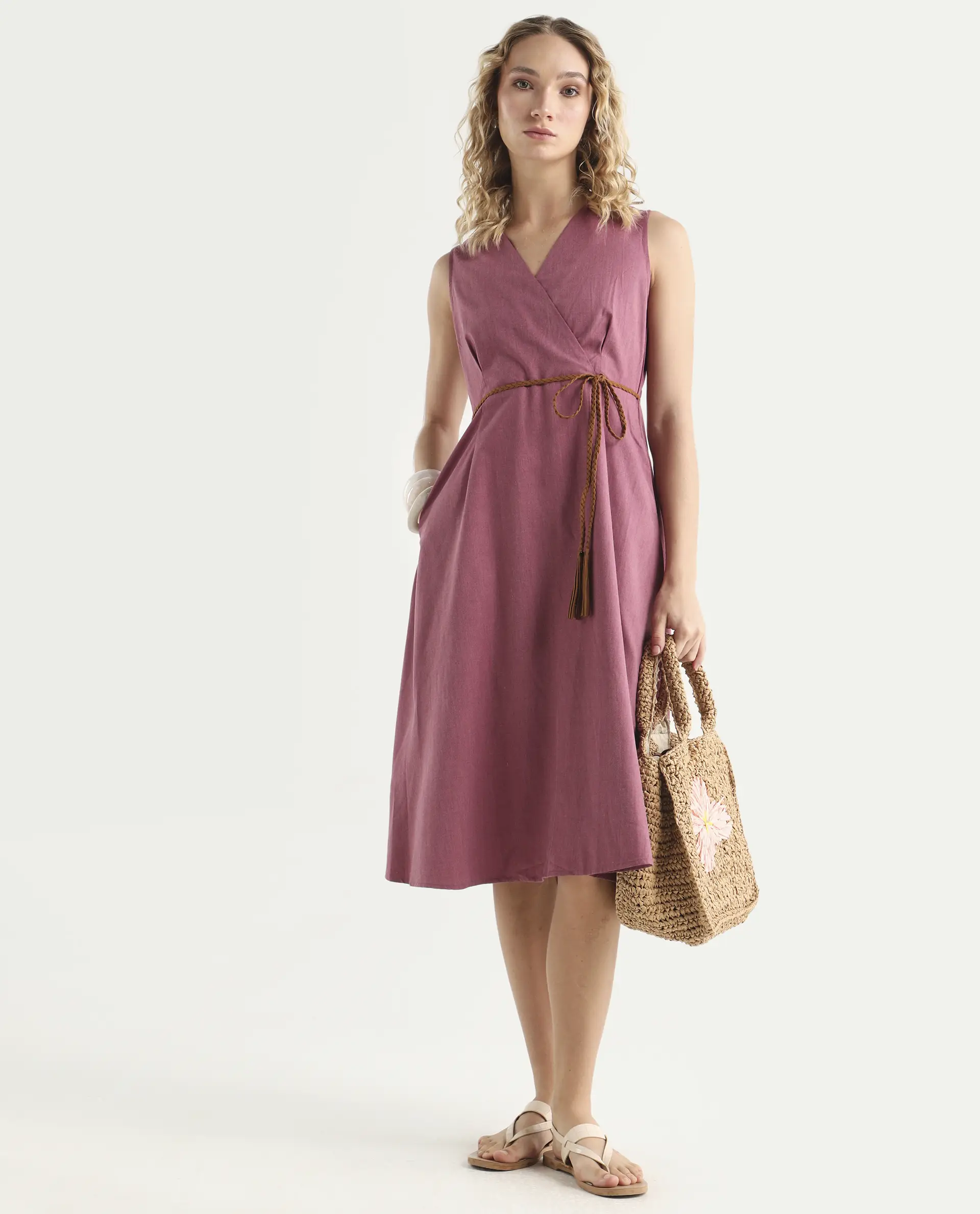 Rareism Women's Valmode Dusky Pink Polyester Blend Overlap Neck Plain Sleeveless Midi Fit And Flare Dress