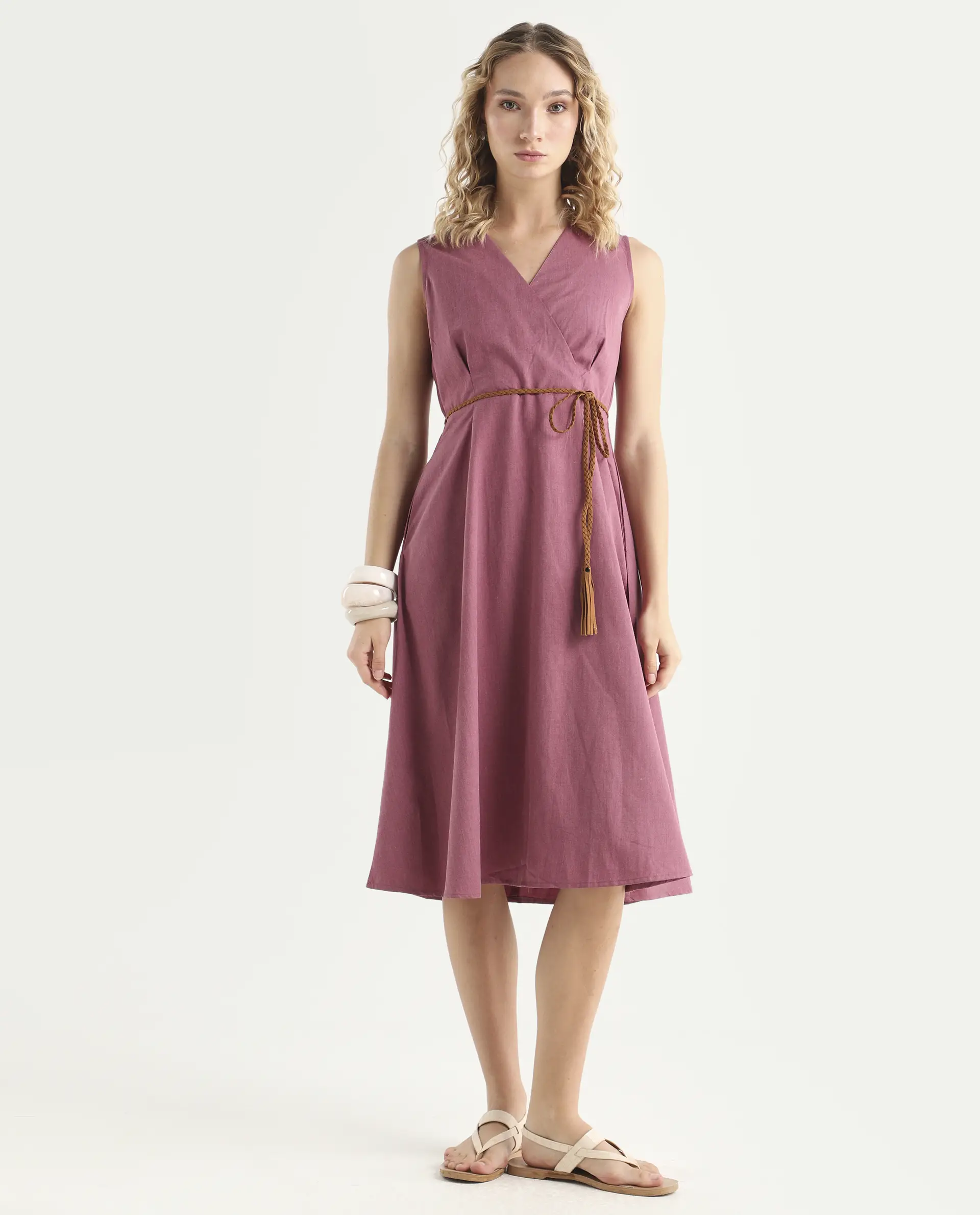 Rareism Women's Valmode Dusky Pink Polyester Blend Overlap Neck Plain Sleeveless Midi Fit And Flare Dress - Image 3
