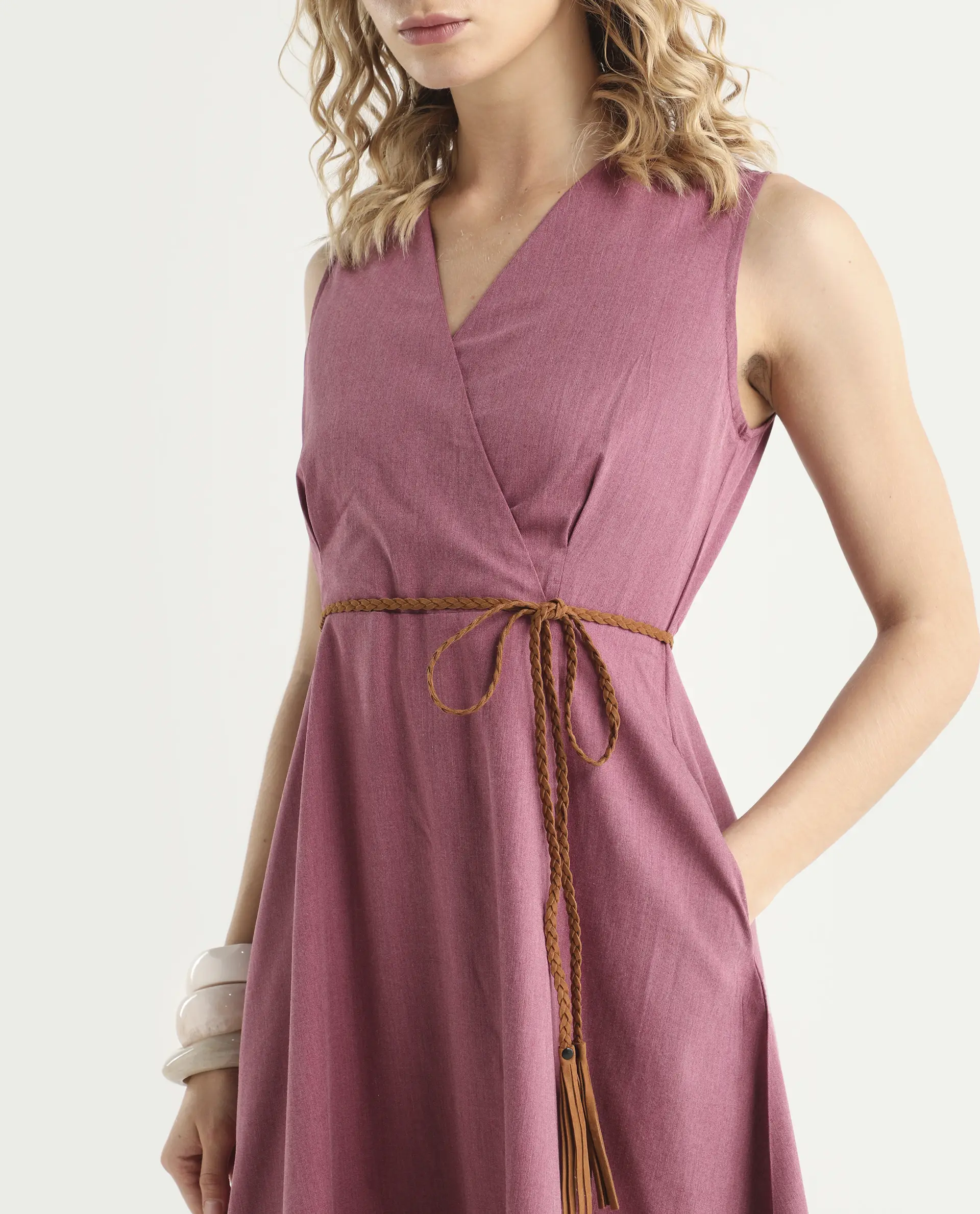 Rareism Women's Valmode Dusky Pink Polyester Blend Overlap Neck Plain Sleeveless Midi Fit And Flare Dress - Image 4