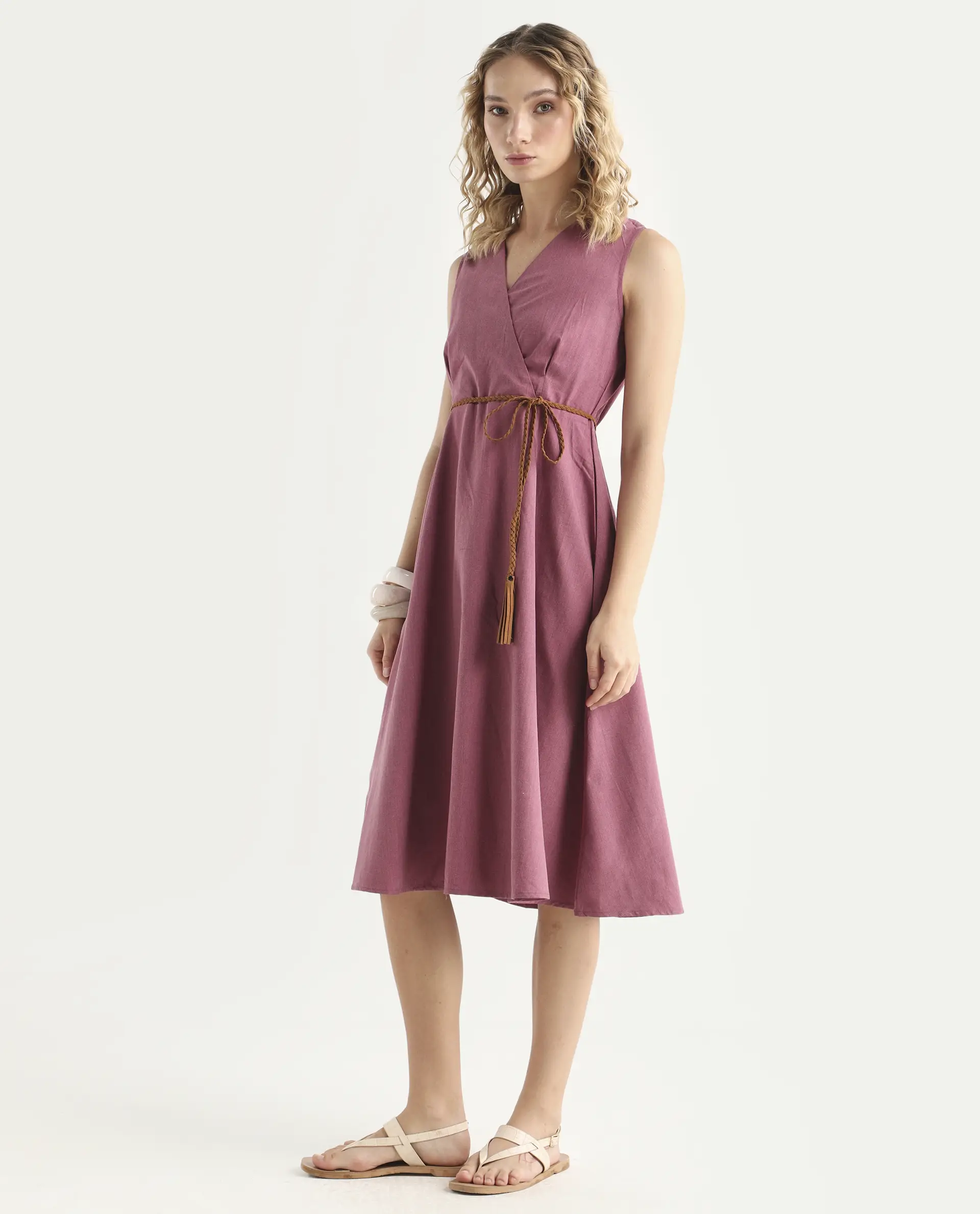 Rareism Women's Valmode Dusky Pink Polyester Blend Overlap Neck Plain Sleeveless Midi Fit And Flare Dress - Image 5
