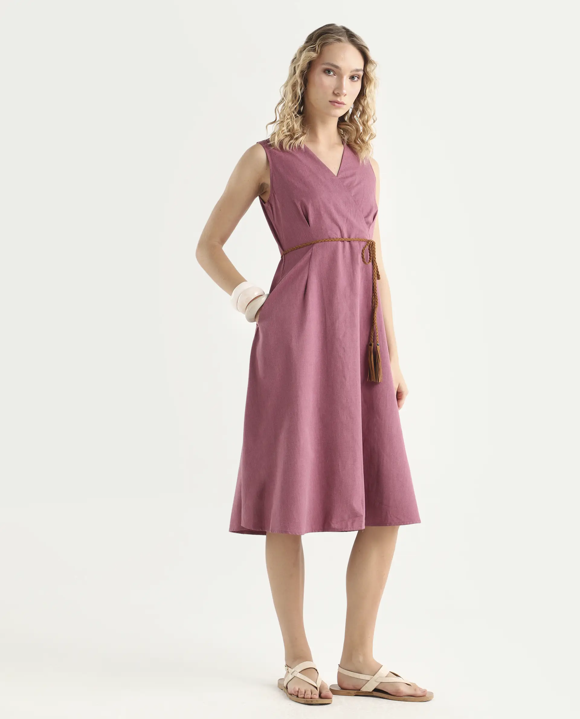 Rareism Women's Valmode Dusky Pink Polyester Blend Overlap Neck Plain Sleeveless Midi Fit And Flare Dress - Image 6