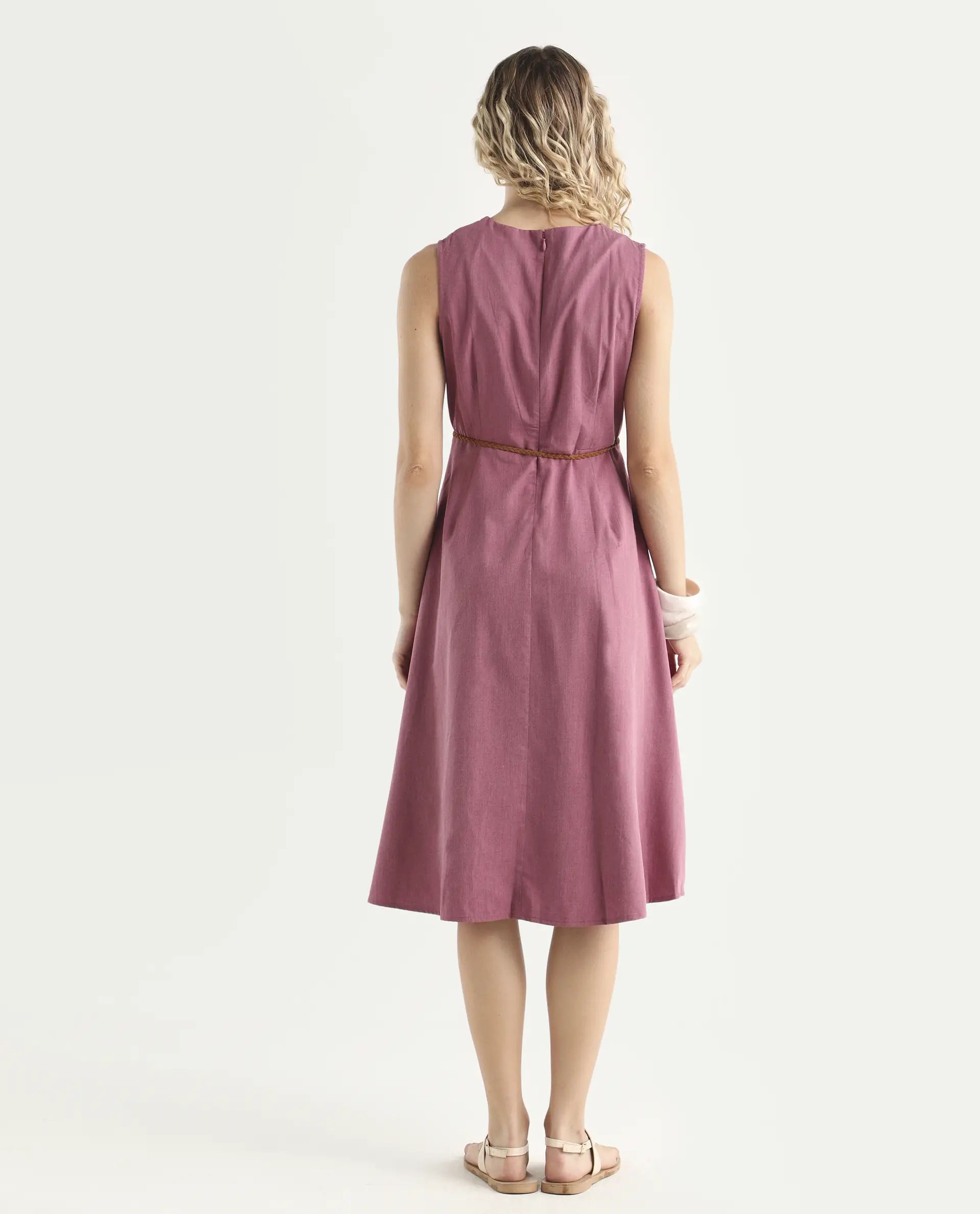 Rareism Women's Valmode Dusky Pink Polyester Blend Overlap Neck Plain Sleeveless Midi Fit And Flare Dress - Image 7