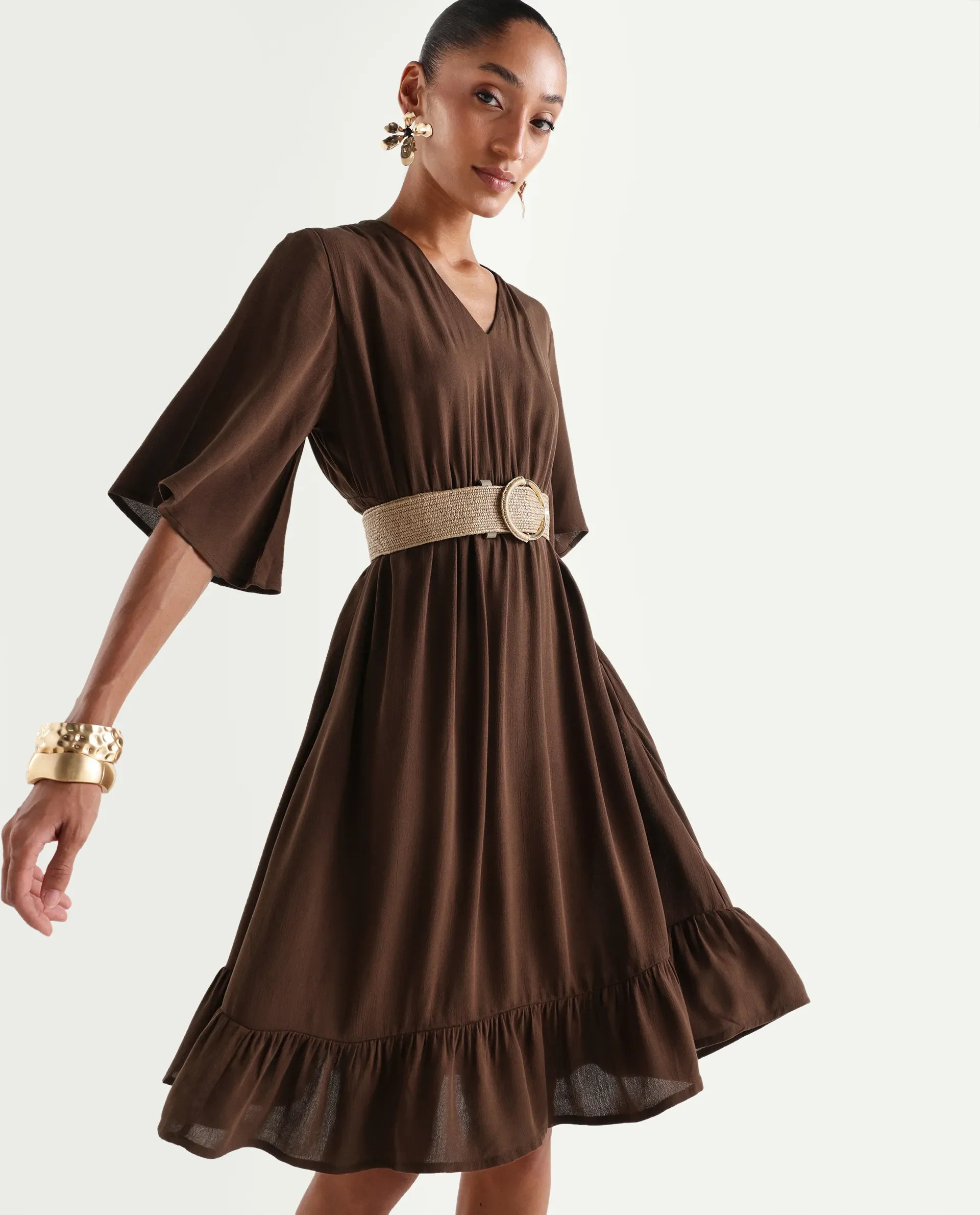 Rareism Women's Valor Brown Viscose V-Neck Flared Plain Dress - Image 2