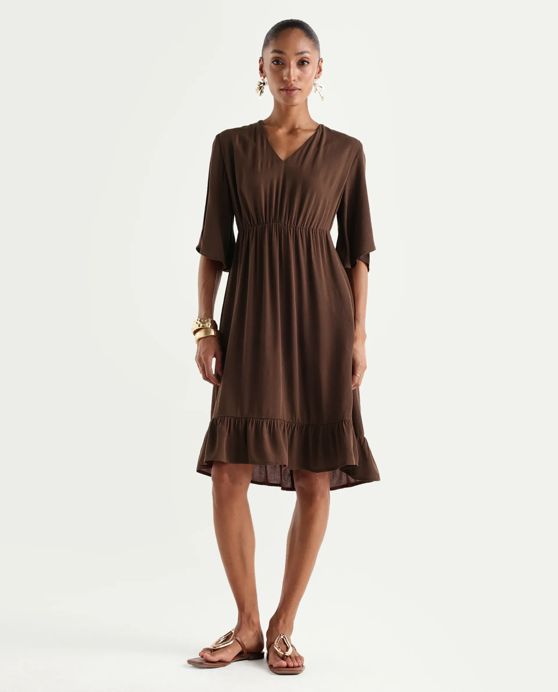Rareism Women's Valor Brown Viscose V-Neck Flared Plain Dress - Image 3