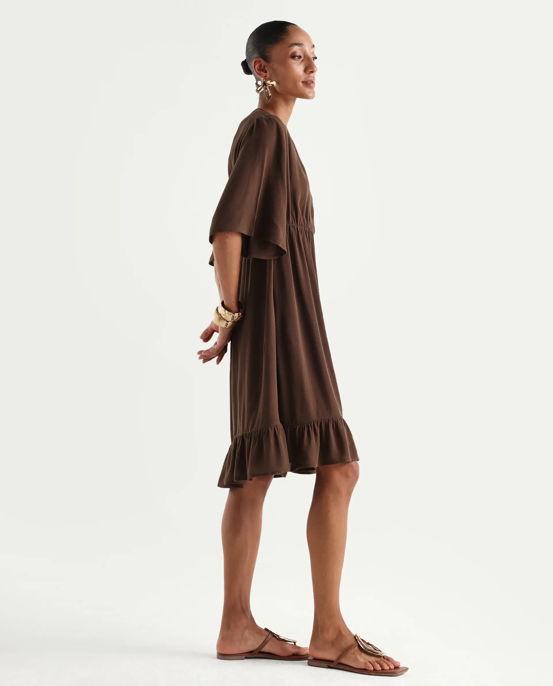 Rareism Women's Valor Brown Viscose V-Neck Flared Plain Dress - Image 5