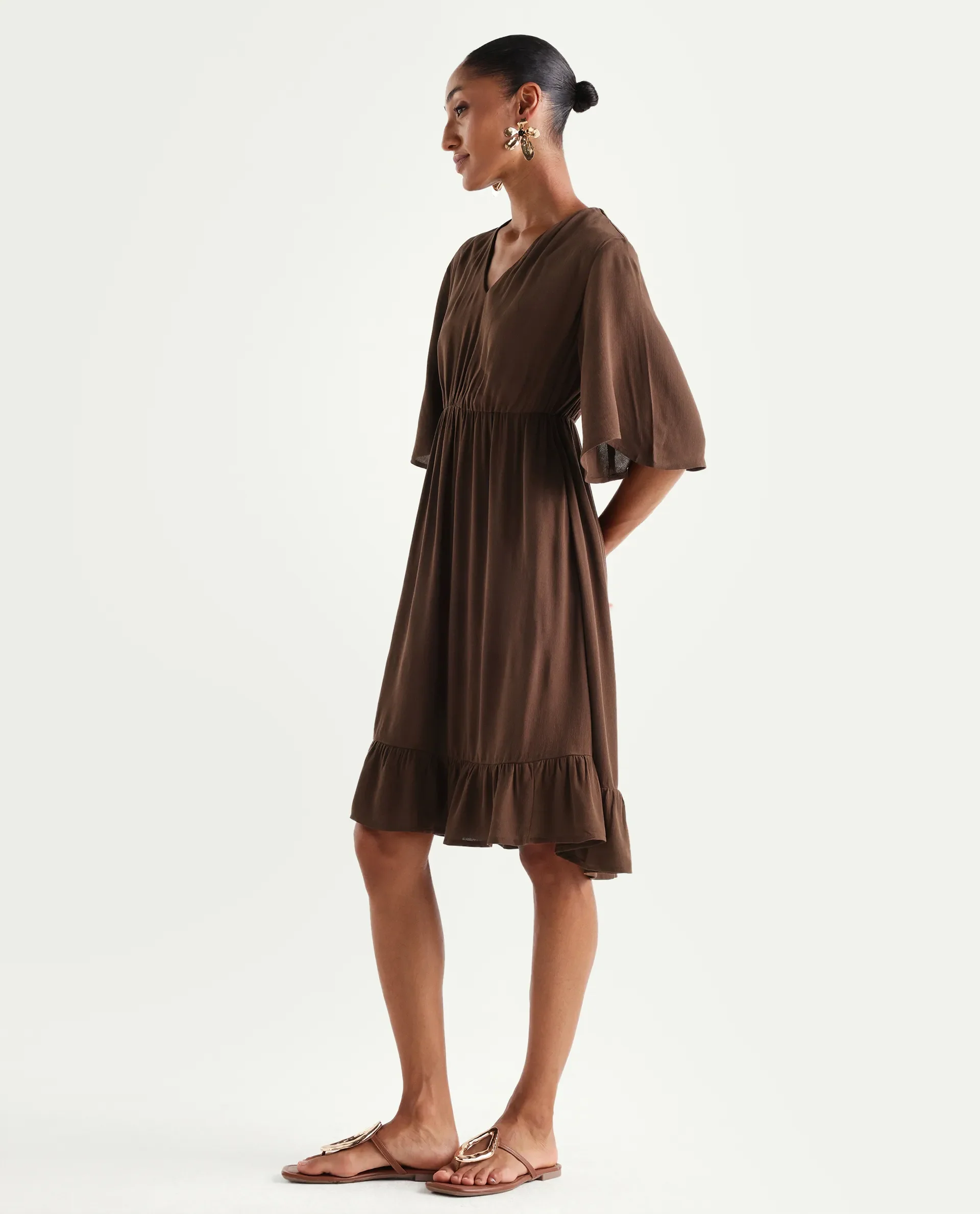 Rareism Women's Valor Brown Viscose V-Neck Flared Plain Dress - Image 6