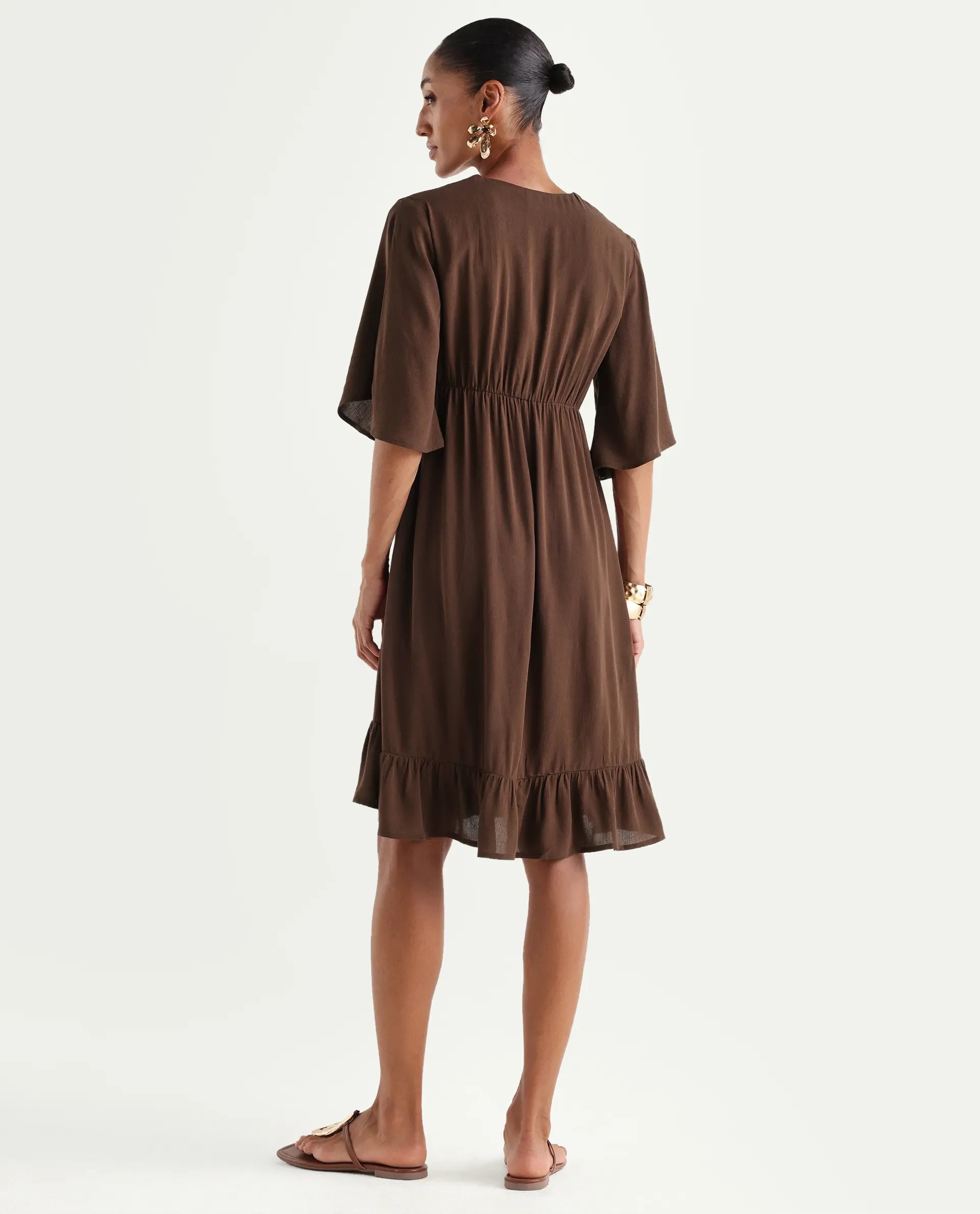 Rareism Women's Valor Brown Viscose V-Neck Flared Plain Dress - Image 7