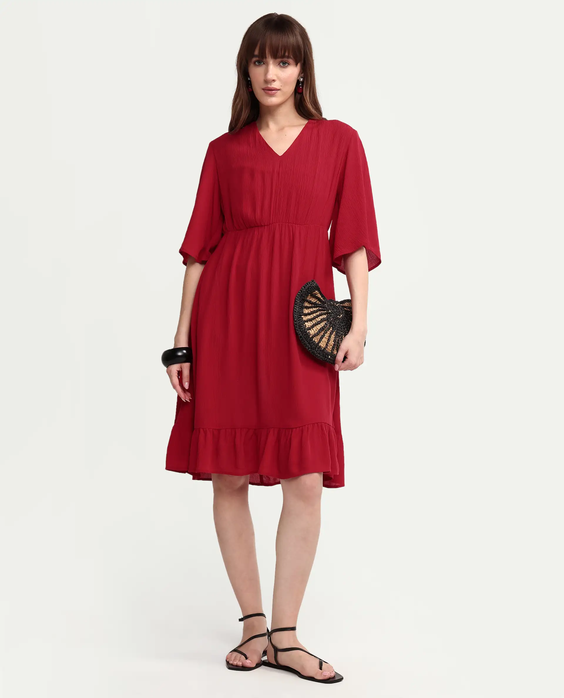 Rareism Women's Valor Red Viscose Half Sleeve Flared Plain Dress - Image 2