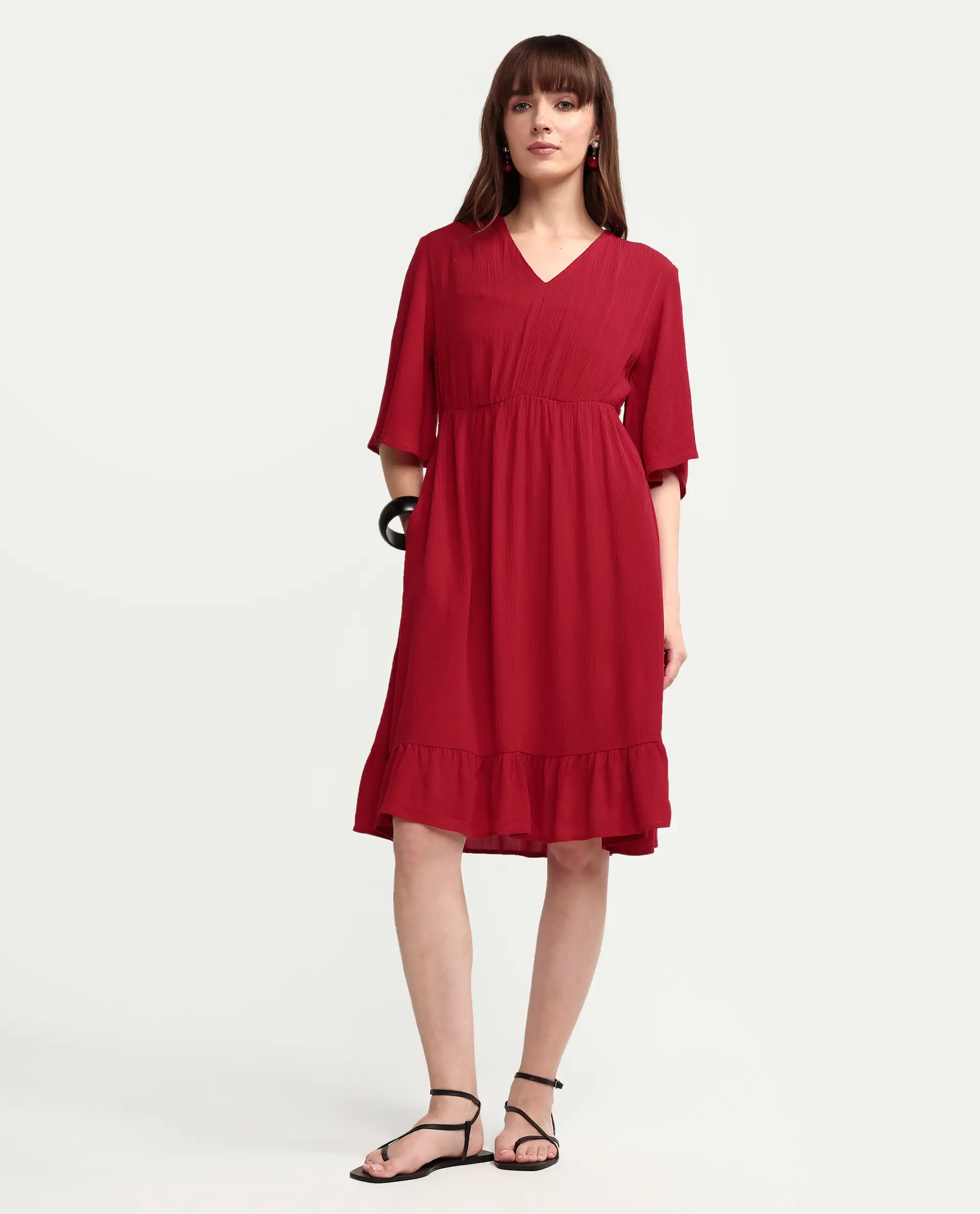 Rareism Women's Valor Red Viscose Half Sleeve Flared Plain Dress - Image 3
