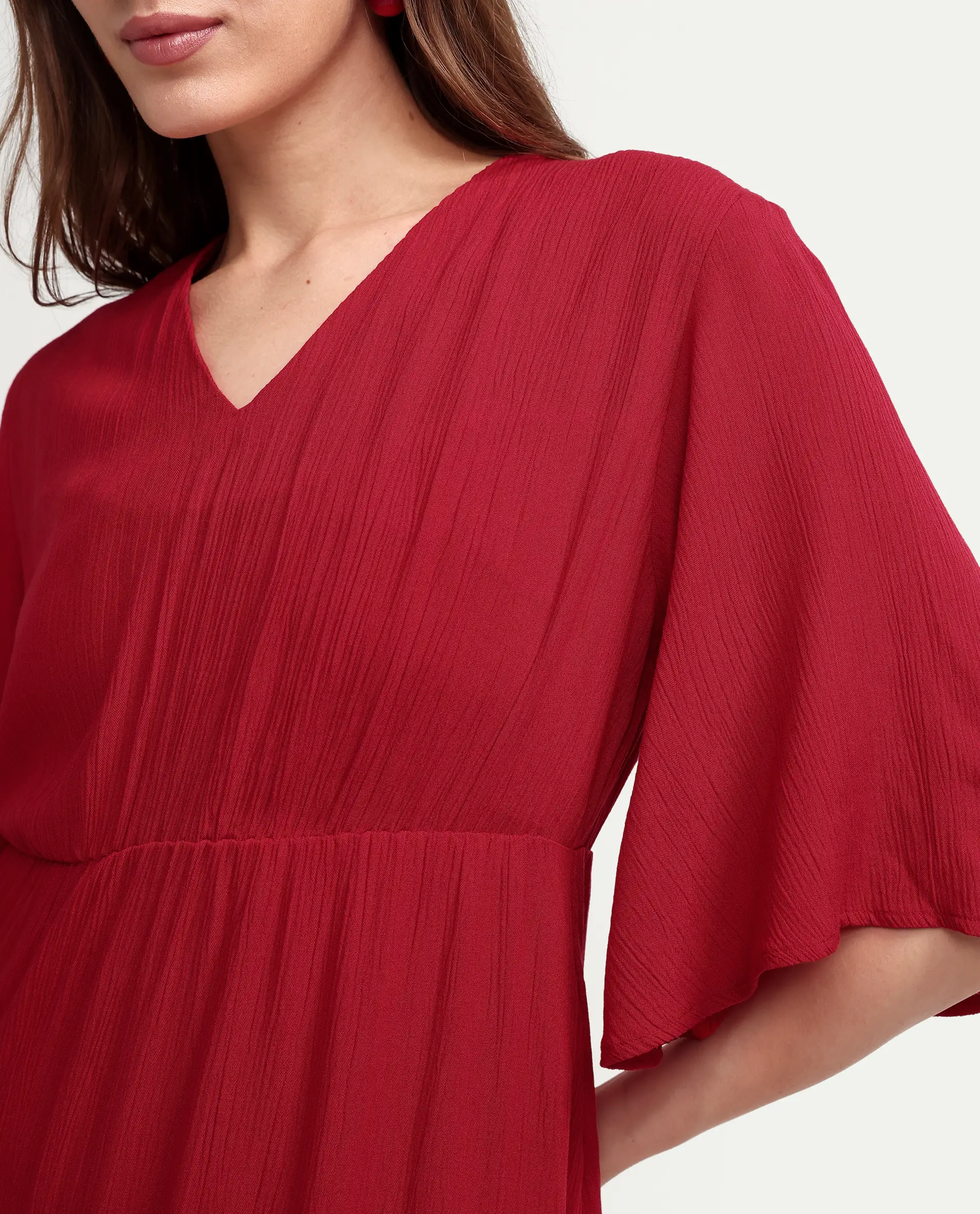 Rareism Women's Valor Red Viscose Half Sleeve Flared Plain Dress - Image 4