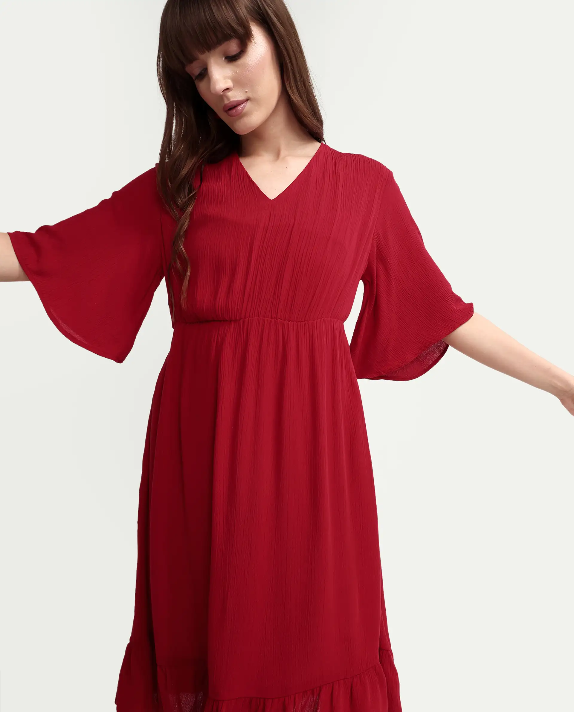Rareism Women's Valor Red Viscose Half Sleeve Flared Plain Dress - Image 5