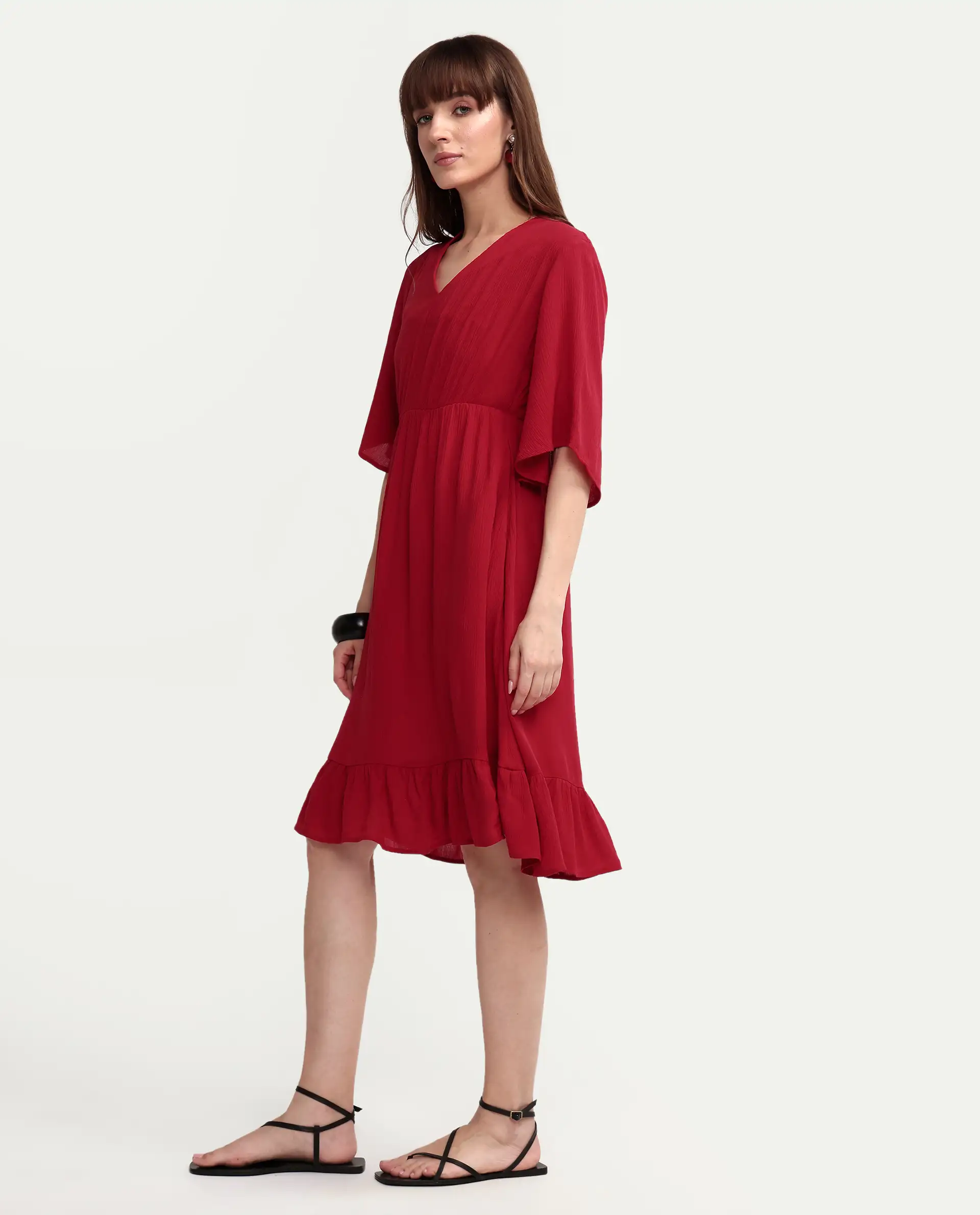 Rareism Women's Valor Red Viscose Half Sleeve Flared Plain Dress - Image 6