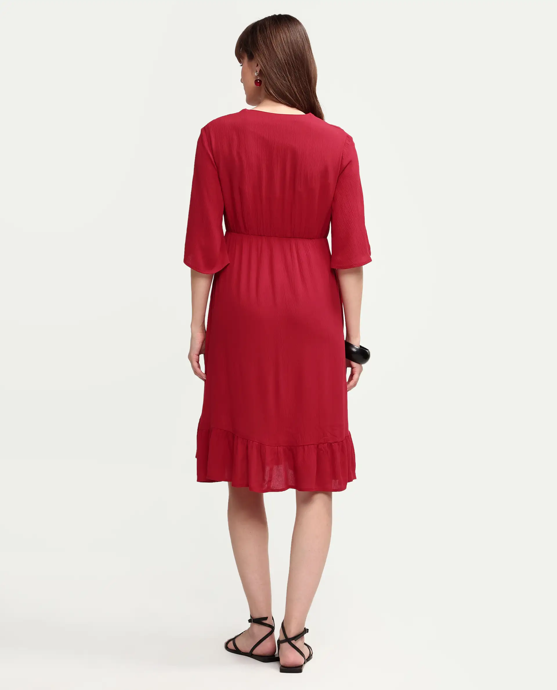 Rareism Women's Valor Red Viscose Half Sleeve Flared Plain Dress - Image 7