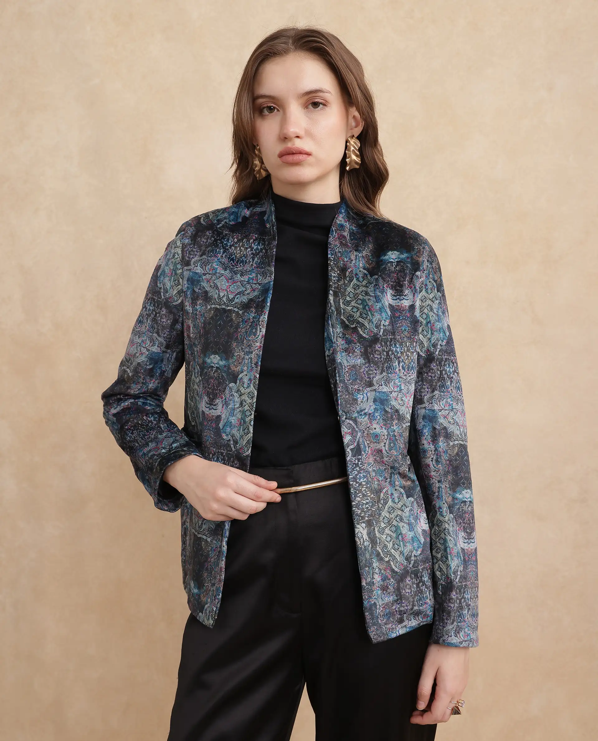 Rareism Women's Valorie Multi Velvet Lapel Neck Abstract Print Cuffed Sleeve Regular Fit Blazer - Image 5