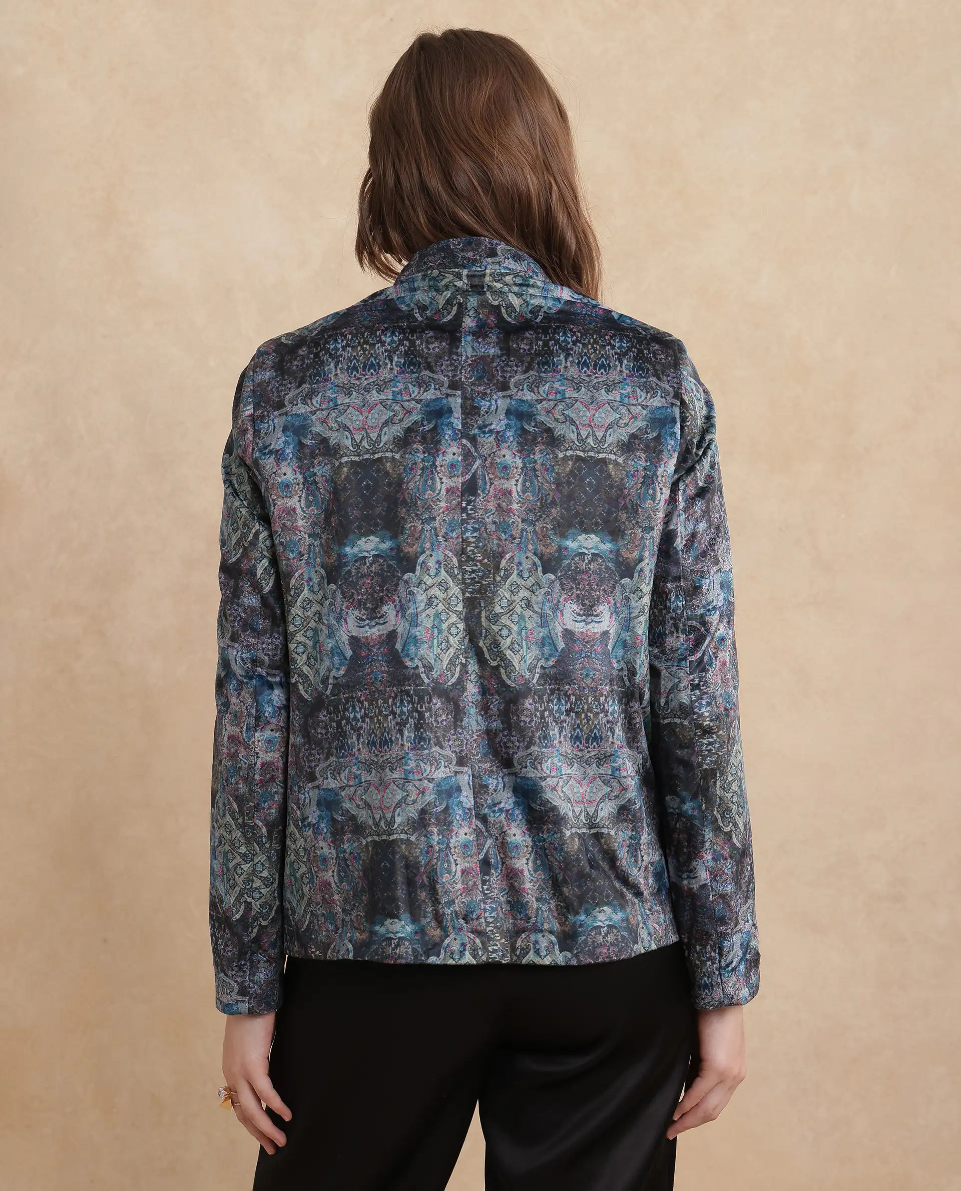 Rareism Women's Valorie Multi Velvet Lapel Neck Abstract Print Cuffed Sleeve Regular Fit Blazer - Image 9