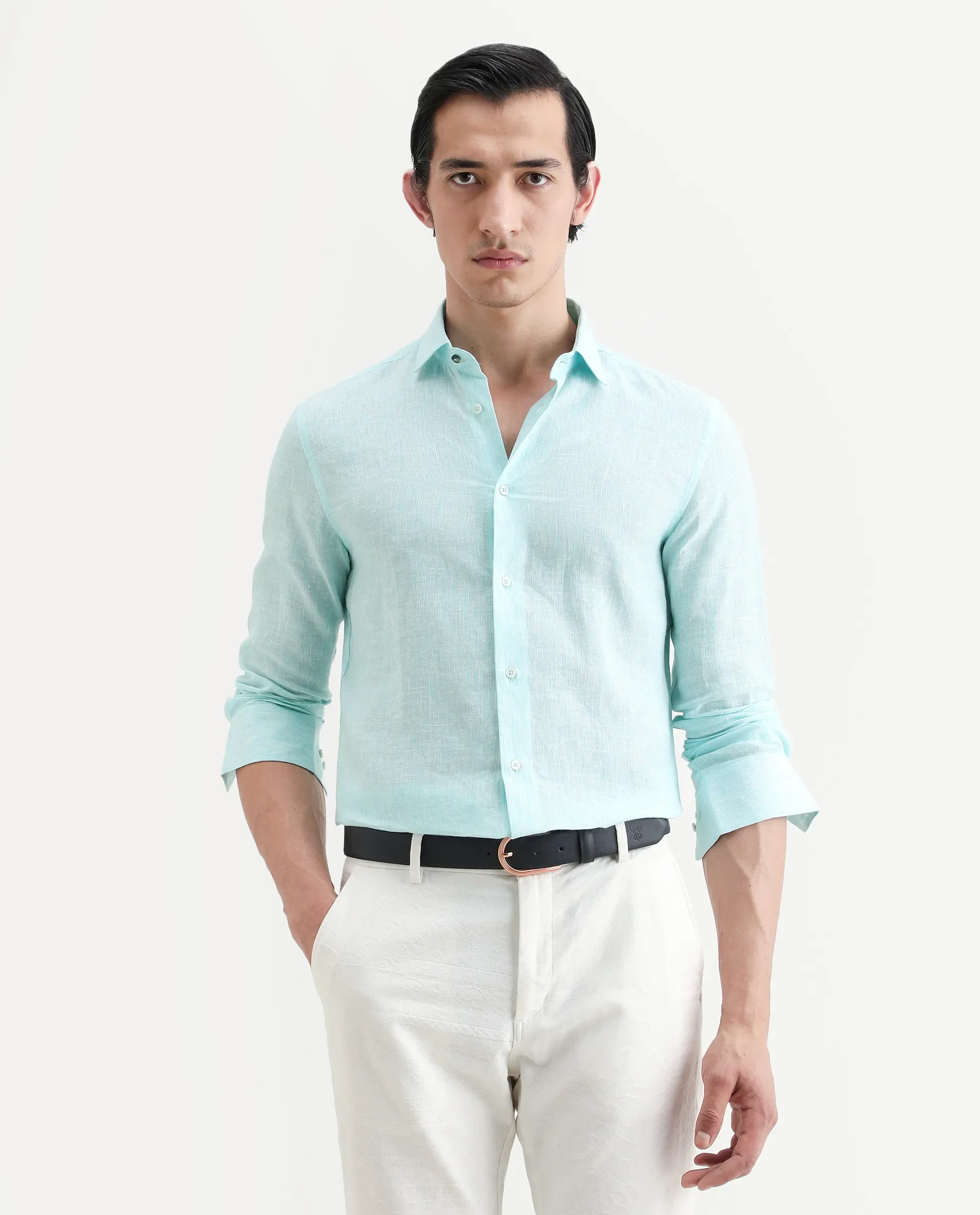 Rare Rabbit Men's Valt Light Aqua Linen Blend Plain Regular Fit Full Sleeve Collared Shirt