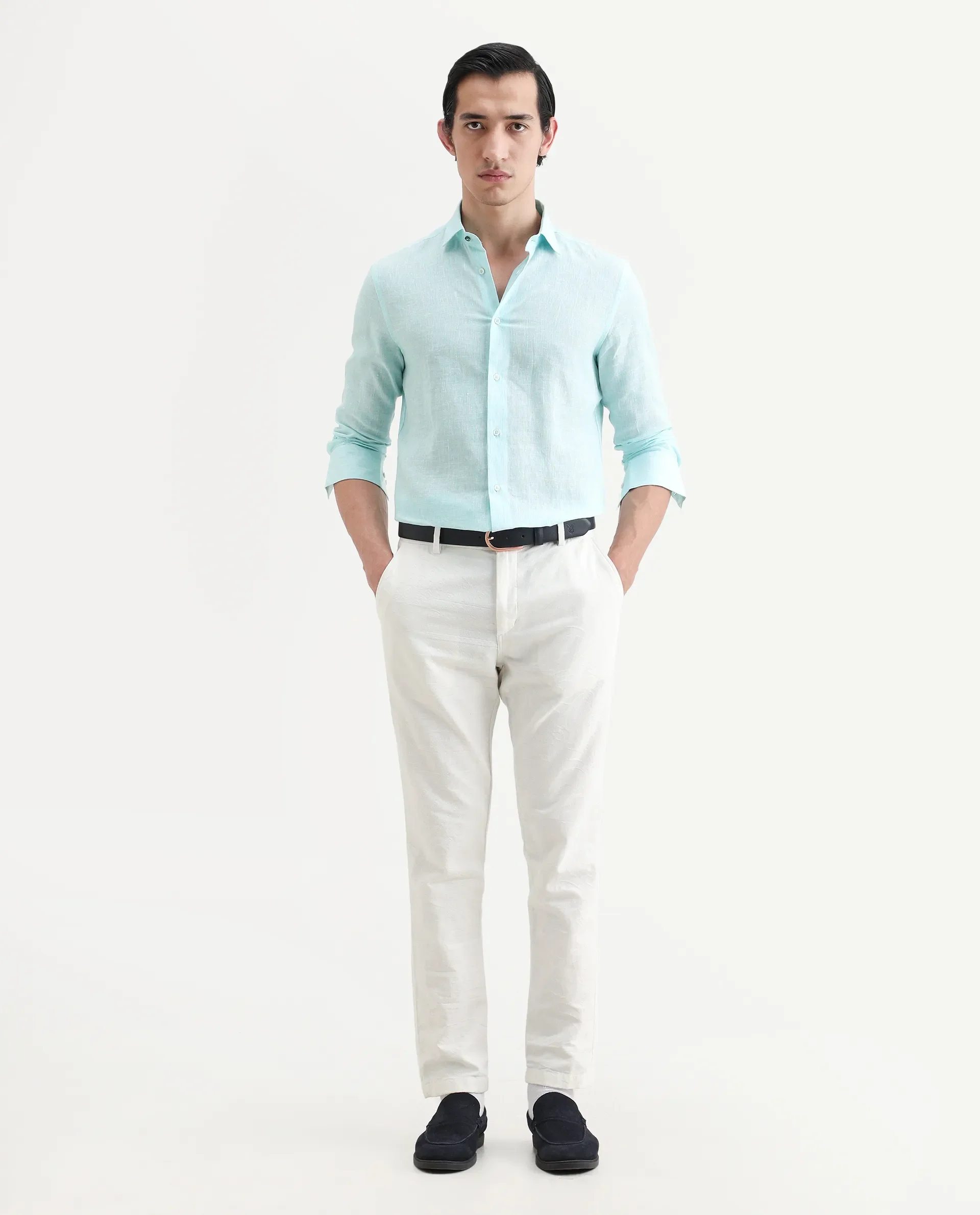 Rare Rabbit Men's Valt Light Aqua Linen Blend Plain Regular Fit Full Sleeve Collared Shirt - Image 2