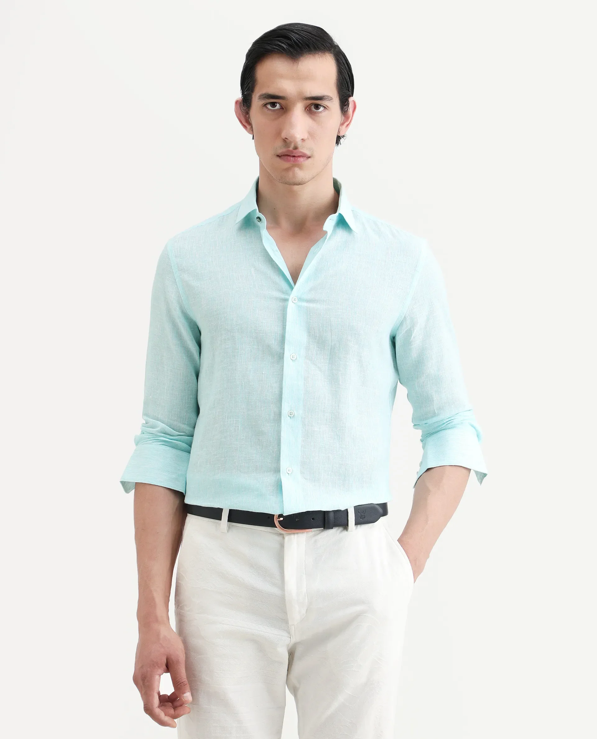 Rare Rabbit Men's Valt Light Aqua Linen Blend Plain Regular Fit Full Sleeve Collared Shirt - Image 3