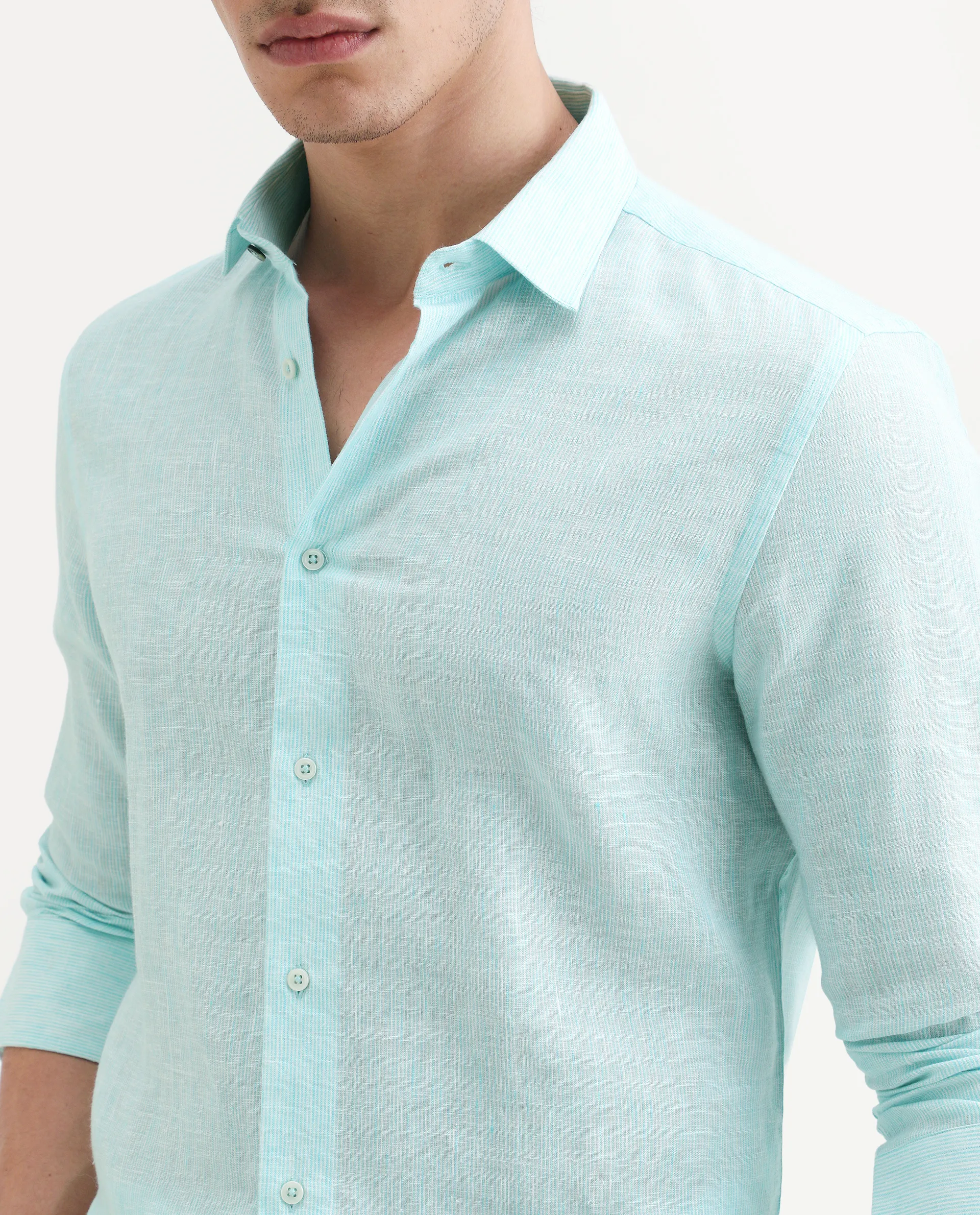 Rare Rabbit Men's Valt Light Aqua Linen Blend Plain Regular Fit Full Sleeve Collared Shirt - Image 4