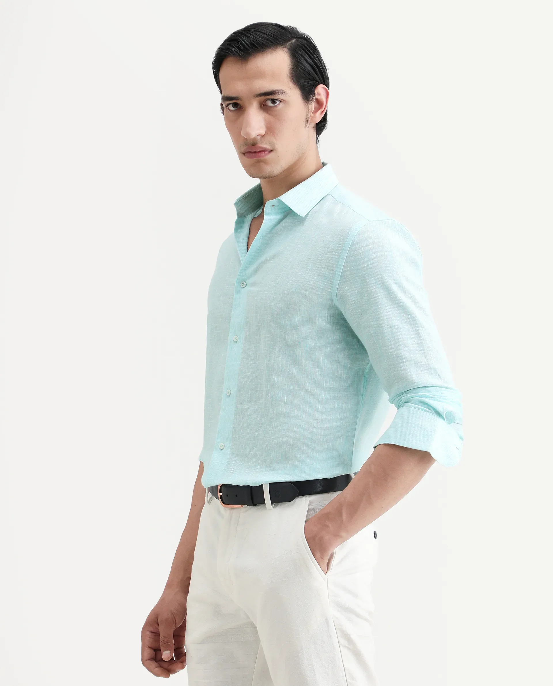 Rare Rabbit Men's Valt Light Aqua Linen Blend Plain Regular Fit Full Sleeve Collared Shirt - Image 5