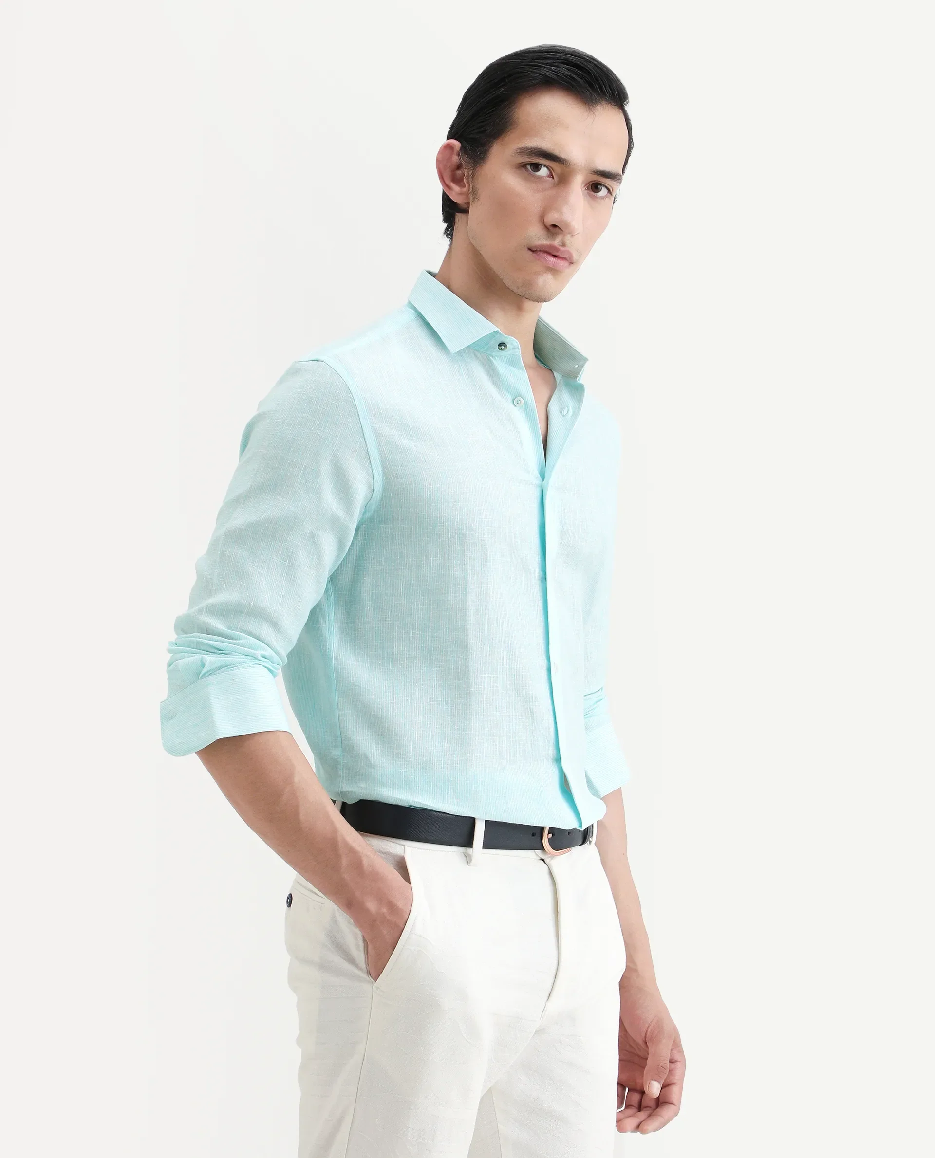 Rare Rabbit Men's Valt Light Aqua Linen Blend Plain Regular Fit Full Sleeve Collared Shirt - Image 6