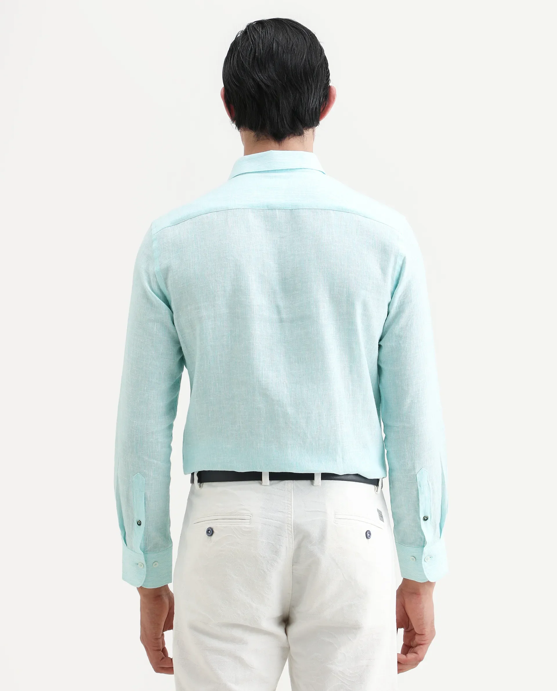 Rare Rabbit Men's Valt Light Aqua Linen Blend Plain Regular Fit Full Sleeve Collared Shirt - Image 7