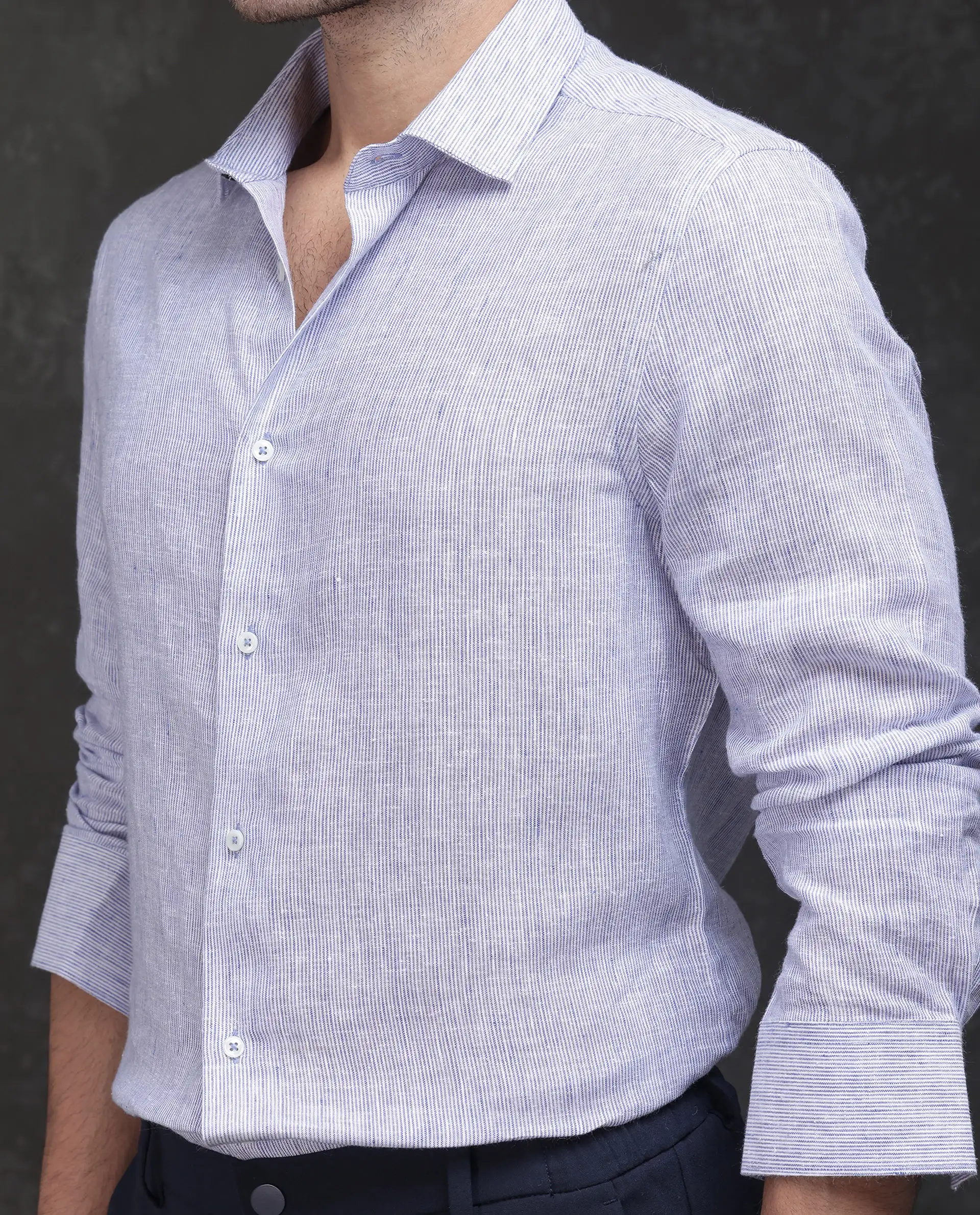 Rare Rabbit Men's Valt Light Blue Linen Blend Plain Regular Fit Full Sleeve Collared Shirt - Image 6