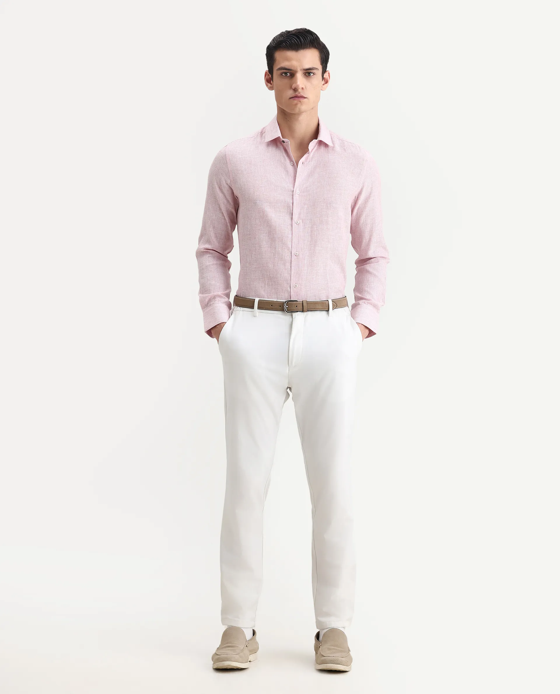 Rare Rabbit Men's Valt Light Pink Linen Blend Plain Regular Fit Full Sleeve Collared Shirt - Image 2