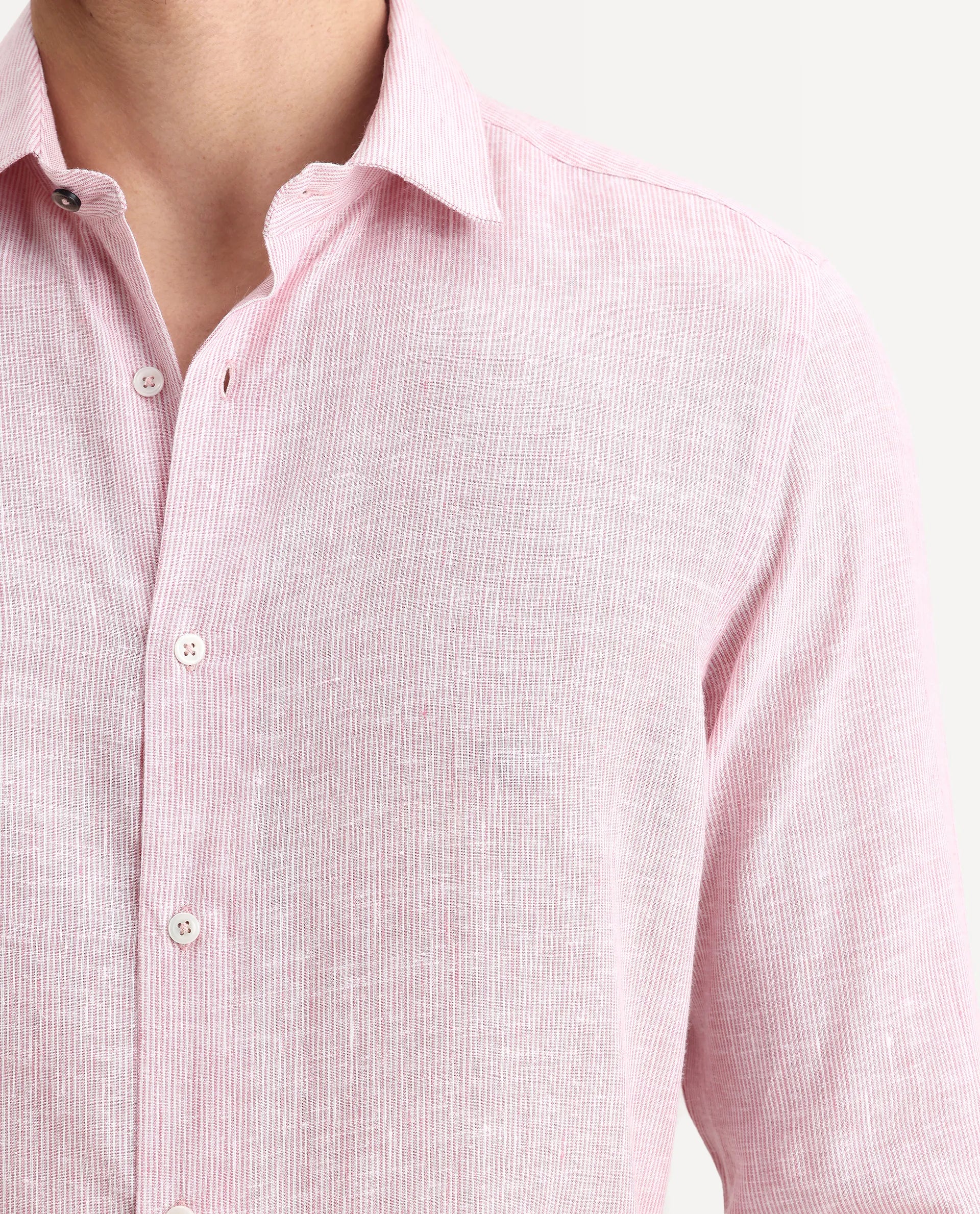 Rare Rabbit Men's Valt Light Pink Linen Blend Plain Regular Fit Full Sleeve Collared Shirt - Image 3