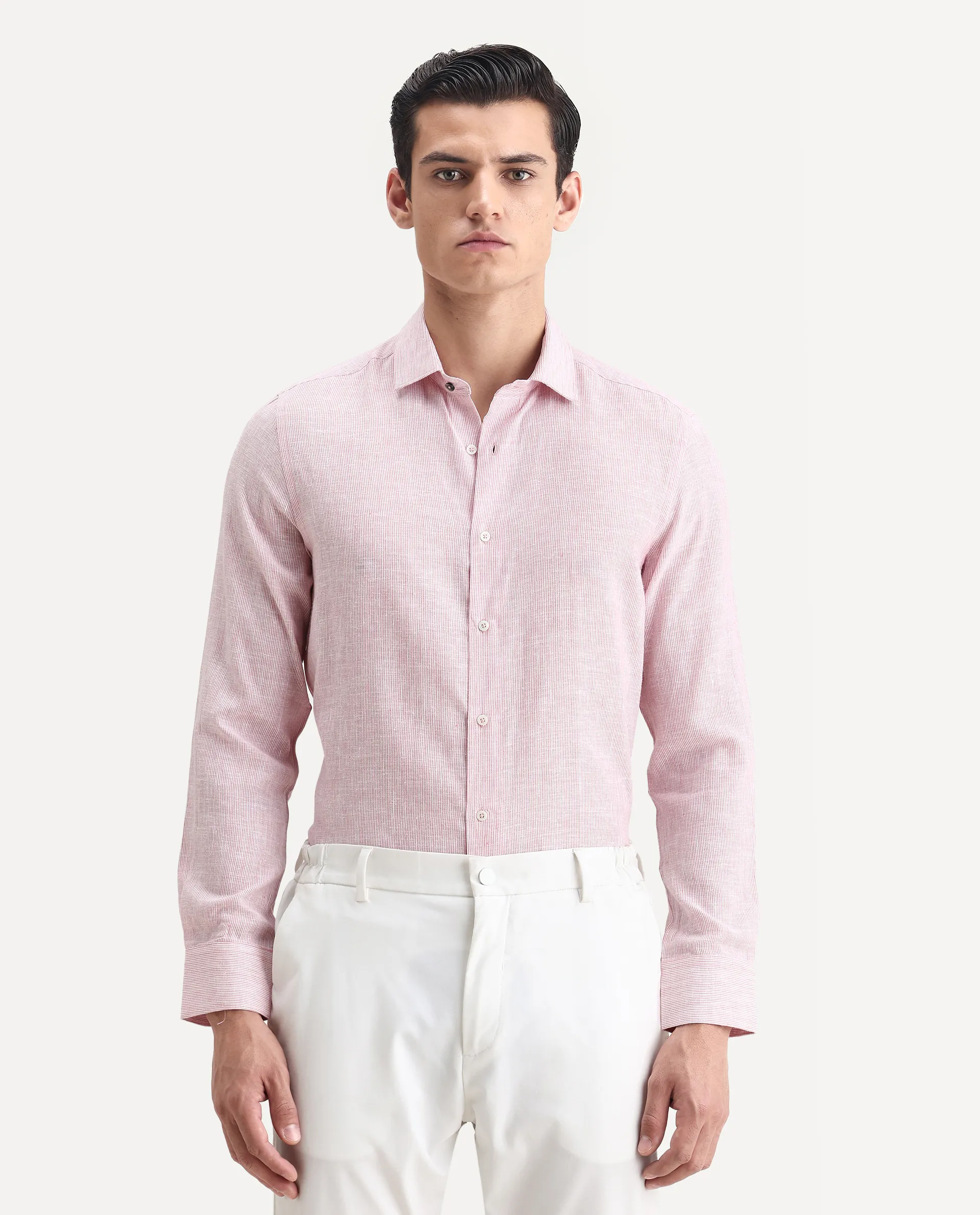 Rare Rabbit Men's Valt Light Pink Linen Blend Plain Regular Fit Full Sleeve Collared Shirt - Image 4