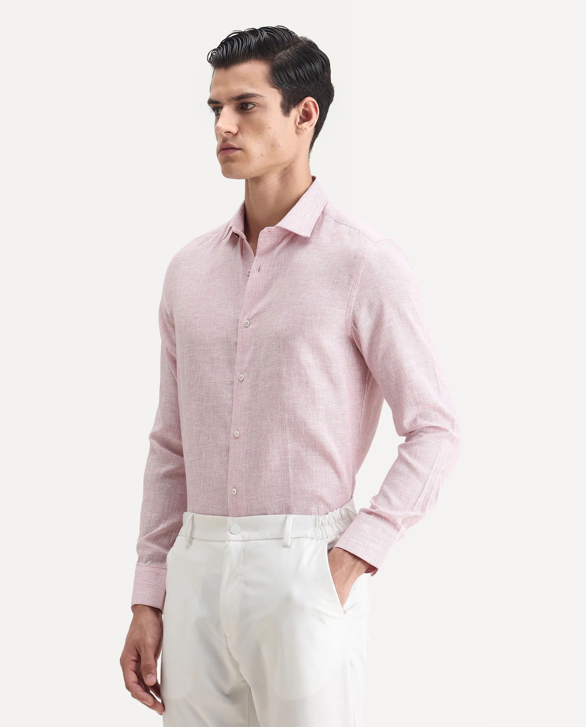 Rare Rabbit Men's Valt Light Pink Linen Blend Plain Regular Fit Full Sleeve Collared Shirt - Image 5