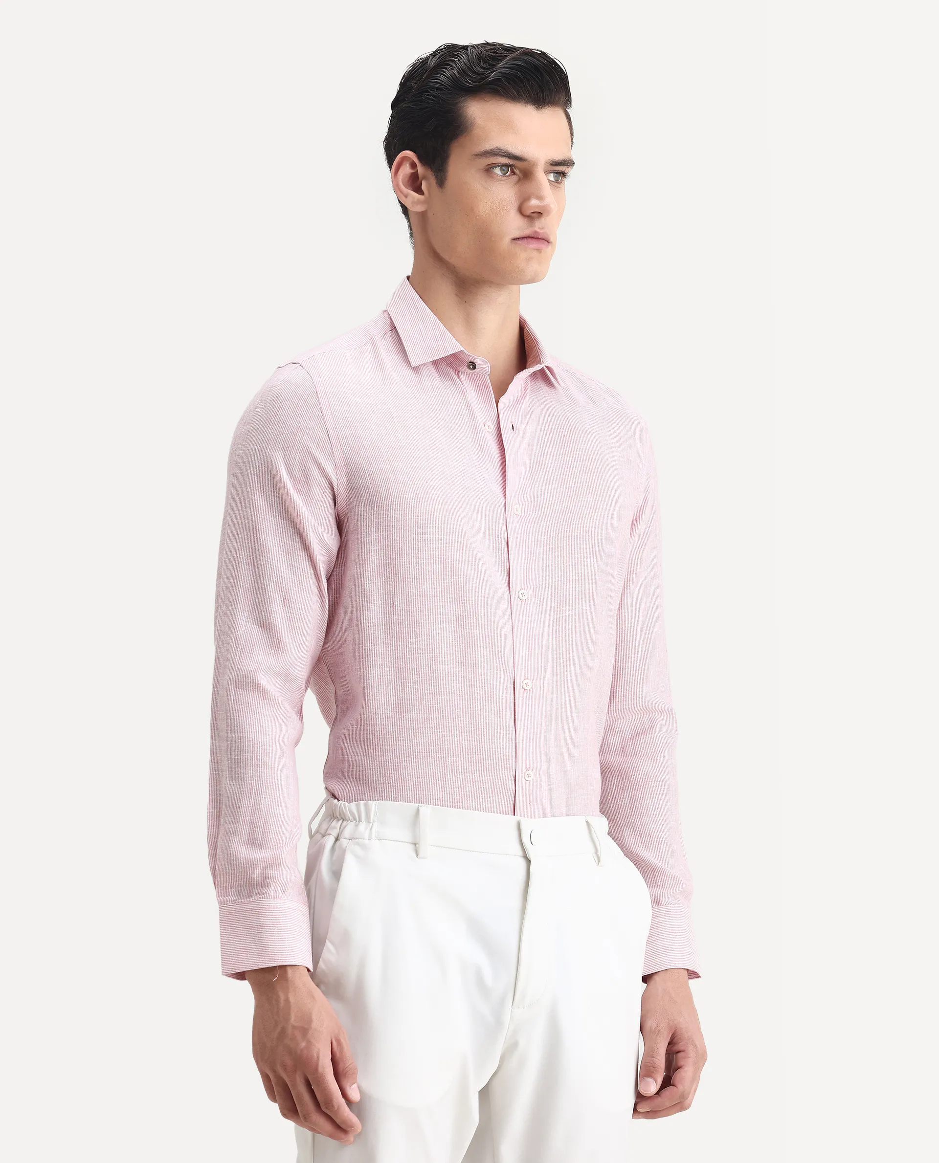 Rare Rabbit Men's Valt Light Pink Linen Blend Plain Regular Fit Full Sleeve Collared Shirt - Image 6