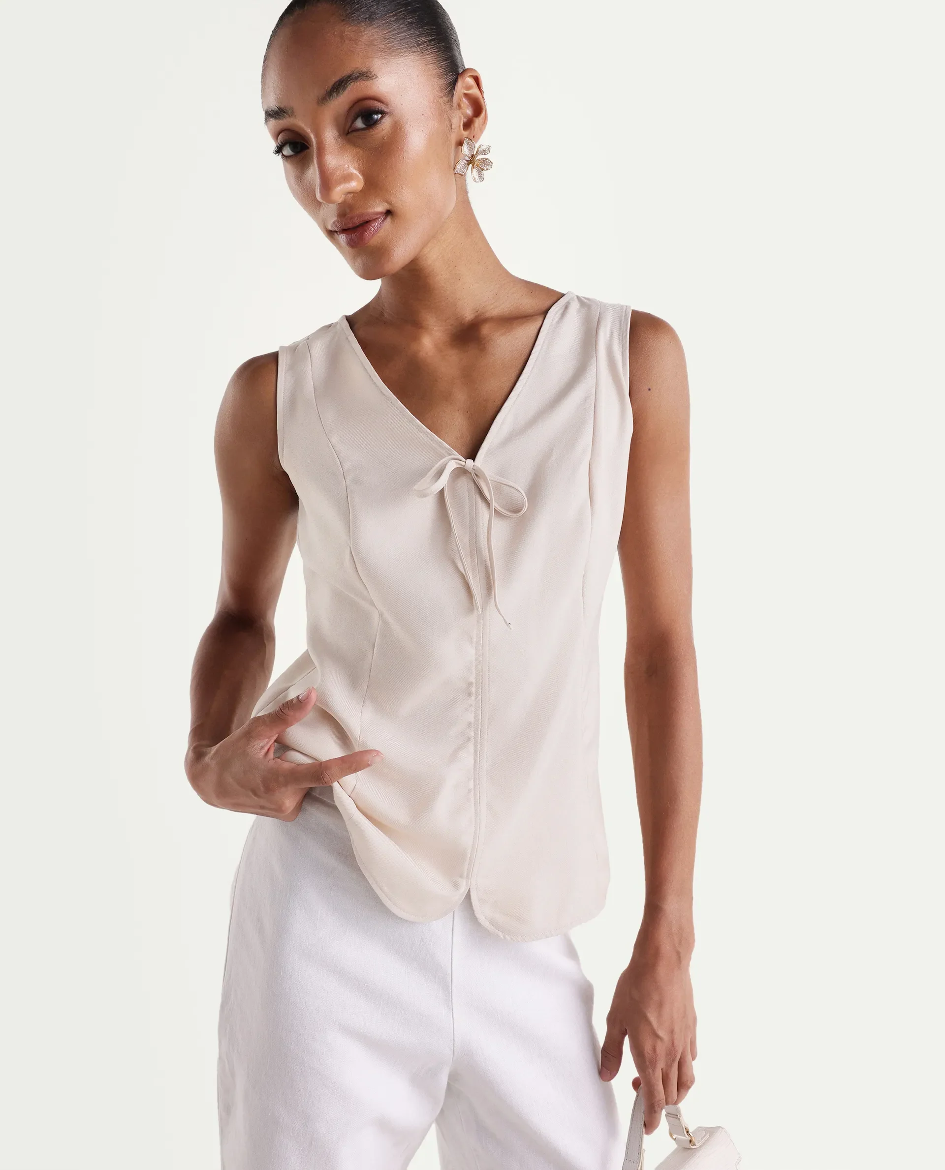 Rareism Women's Valton Primary Beige Polyester Sleeveless V-Neck Regular Fit Top