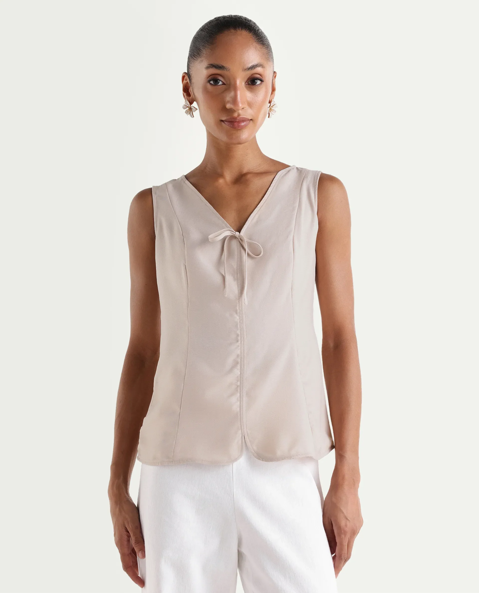 Rareism Women's Valton Primary Beige Polyester Sleeveless V-Neck Regular Fit Top - Image 3
