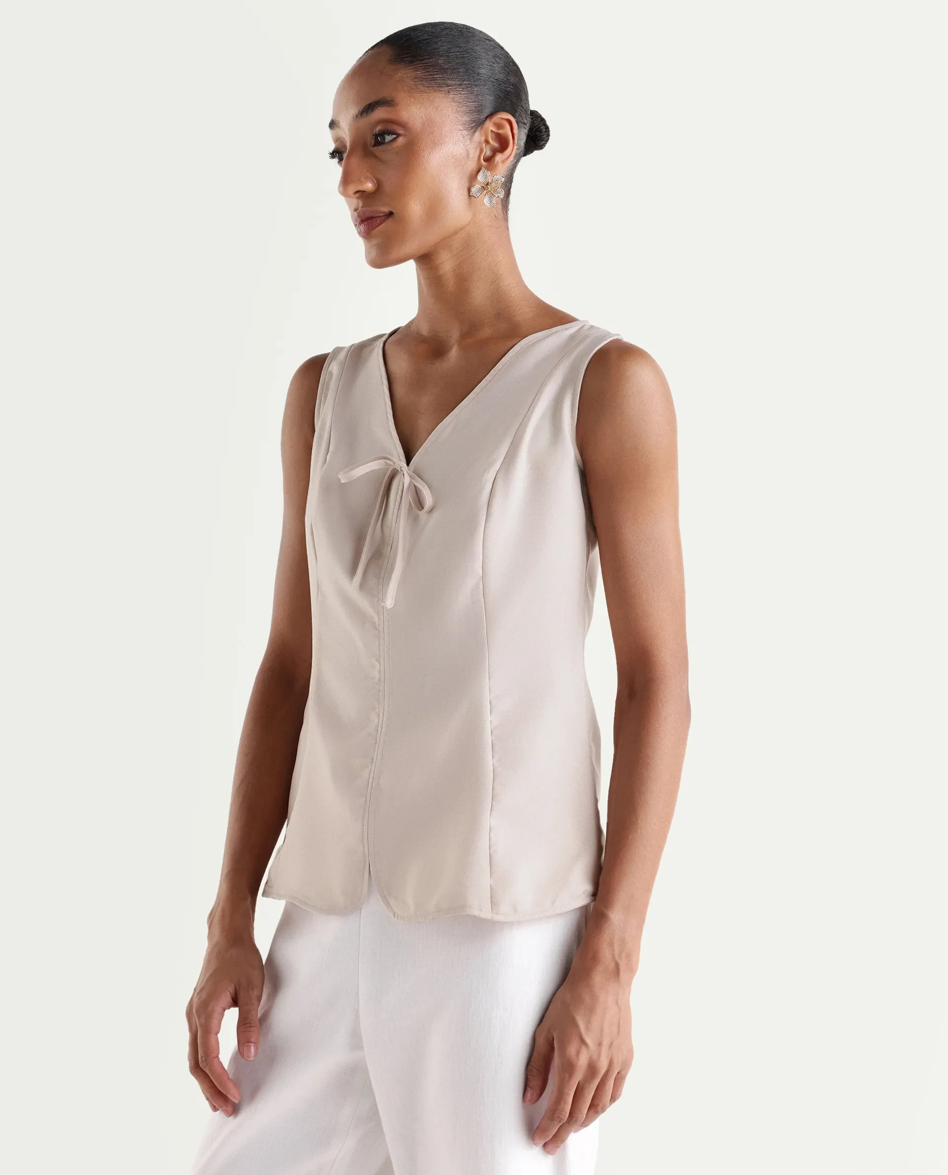 Rareism Women's Valton Primary Beige Polyester Sleeveless V-Neck Regular Fit Top - Image 5