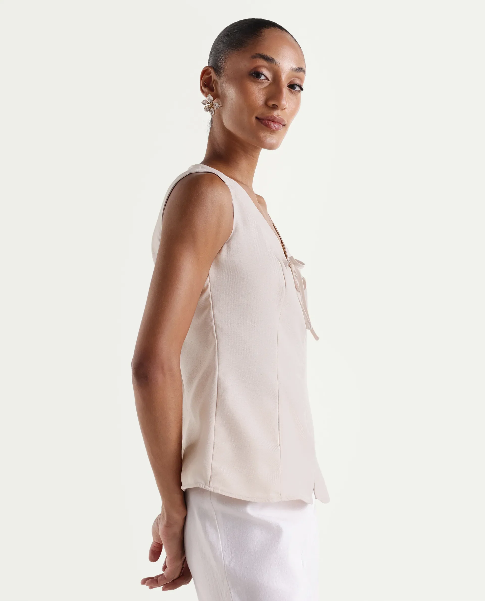 Rareism Women's Valton Primary Beige Polyester Sleeveless V-Neck Regular Fit Top - Image 6