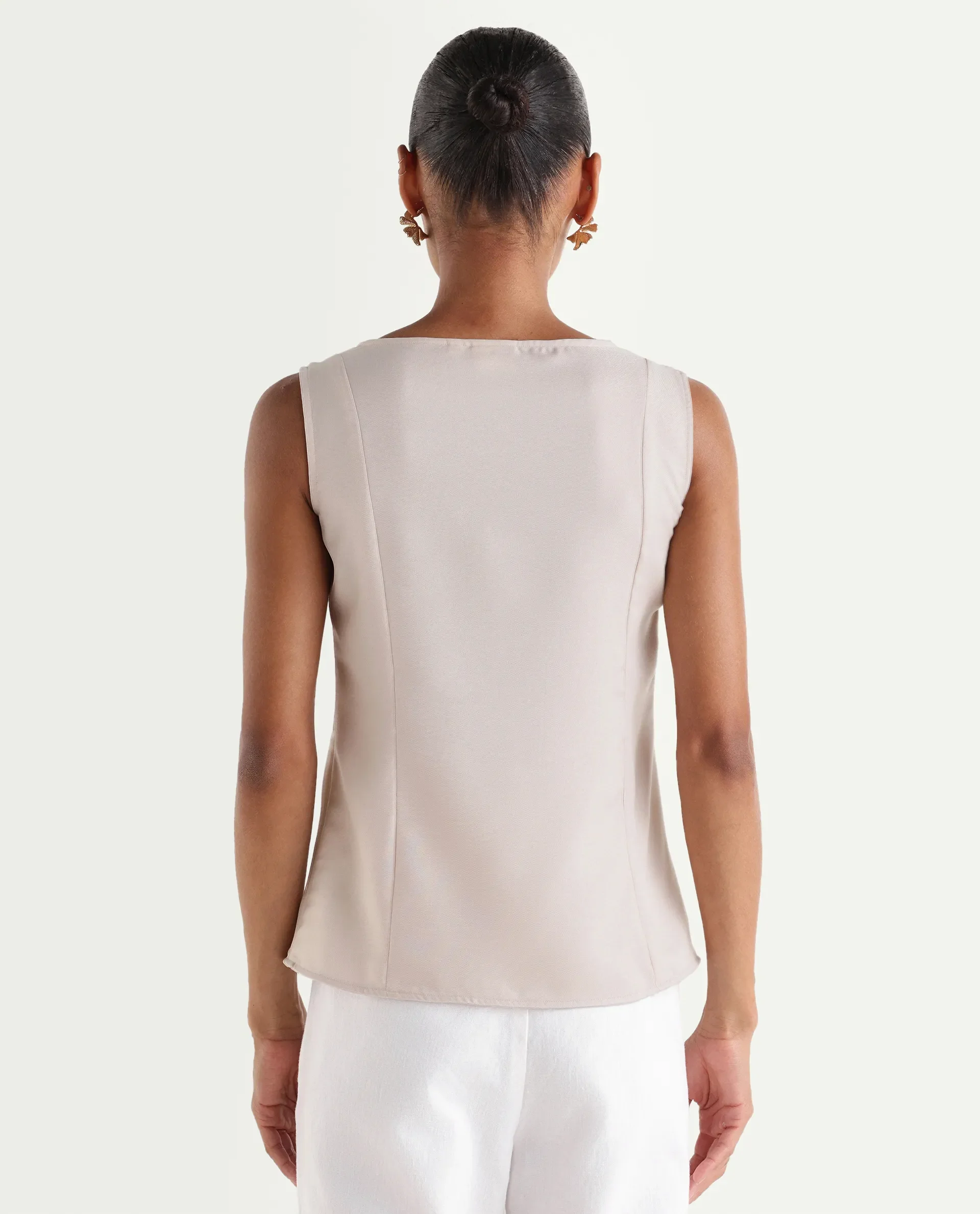 Rareism Women's Valton Primary Beige Polyester Sleeveless V-Neck Regular Fit Top - Image 7